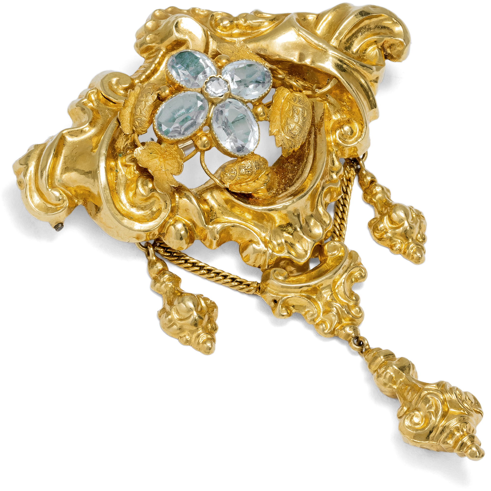 Eindrucksvolle Brosche des Biedermeier mit Aquamarinen in Gold, um 1845 Eindrucksvolle Brosche des Biedermeier mit Aquamarinen in Gold, um 1845