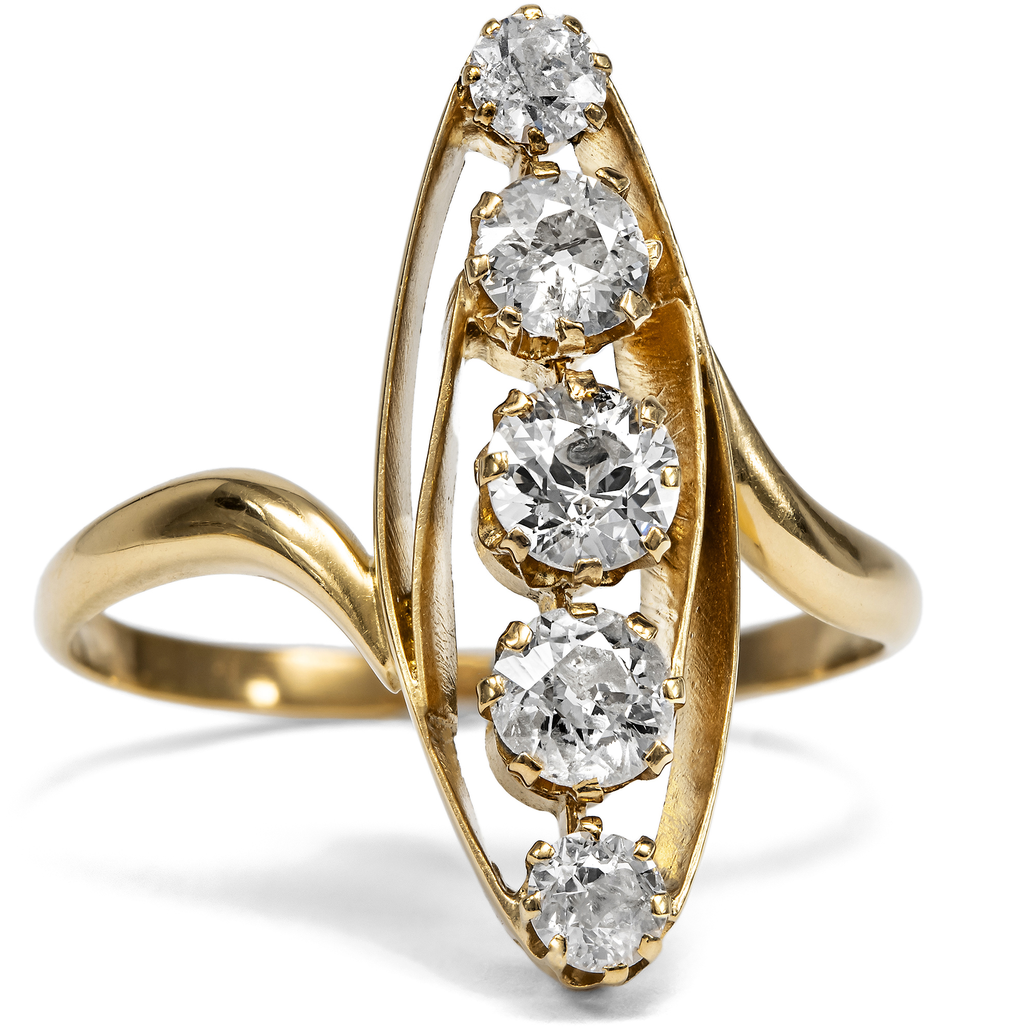 Unusual "Marquise" Ring with Old European Cut Diamonds in Gold, c. 1900 Unusual "Marquise" Ring with Old European Cut Diamonds in Gold, c. 1900