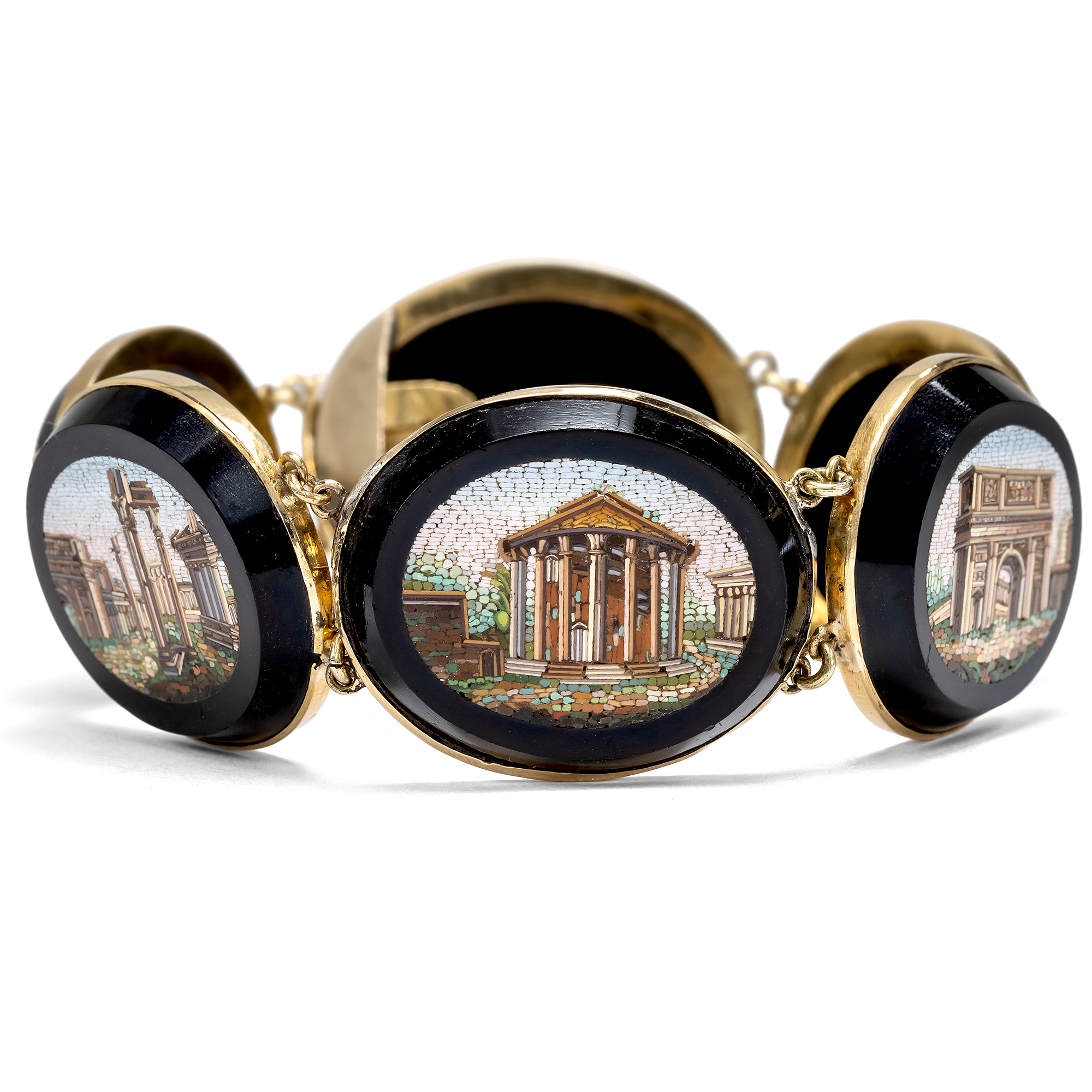 Antikes Armband mit römischen Mikromosaiken in Gold, um 1860 Antikes Armband mit römischen Mikromosaiken in Gold, um 1860