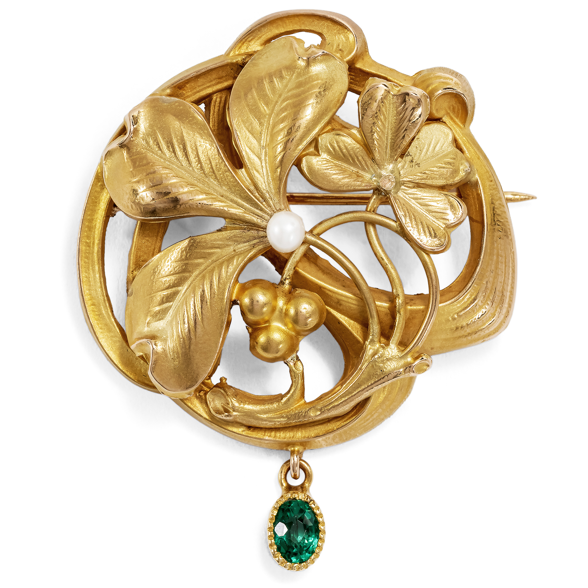 Elegante Jugendstil-Brosche aus Gold mit Perle & Granat-Glas-Doublette, um 1900 Elegante Jugendstil-Brosche aus Gold mit Perle & Granat-Glas-Doublette, um 1900