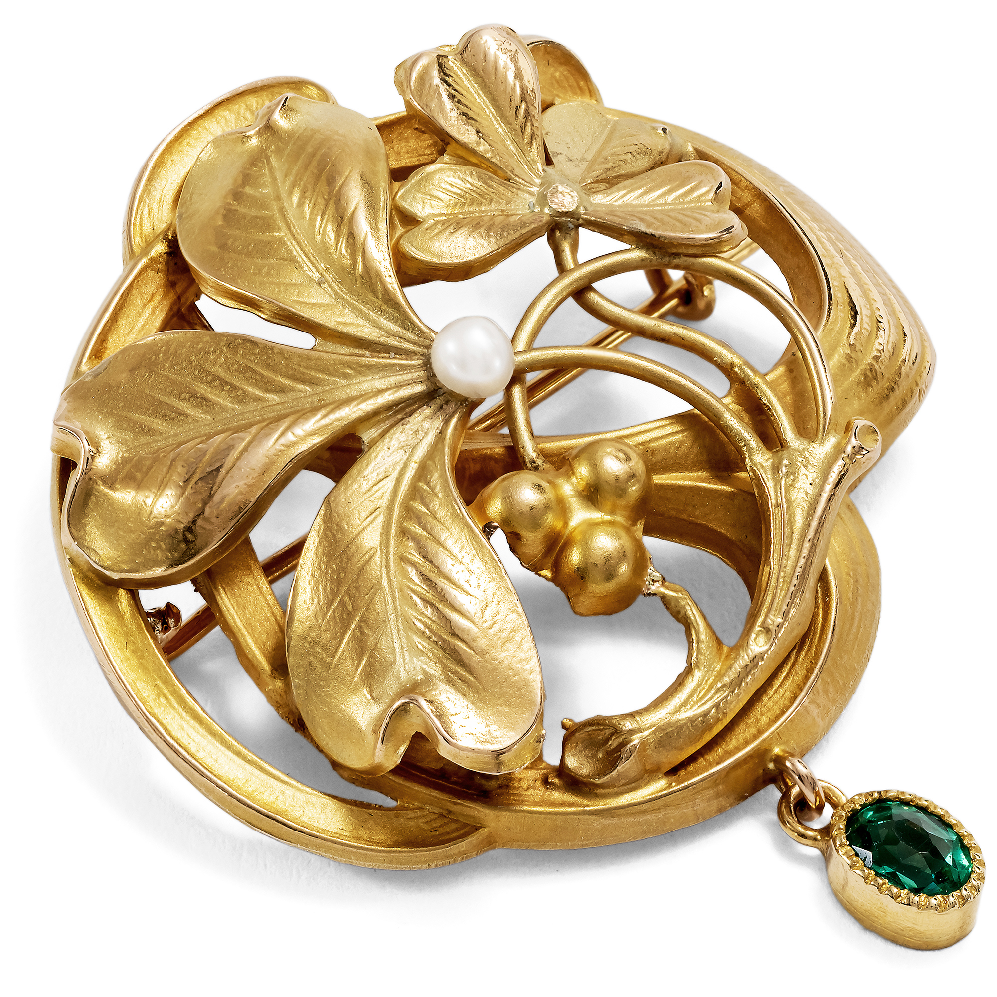 Elegante Jugendstil-Brosche aus Gold mit Perle & Granat-Glas-Doublette, um 1900 Elegante Jugendstil-Brosche aus Gold mit Perle & Granat-Glas-Doublette, um 1900
