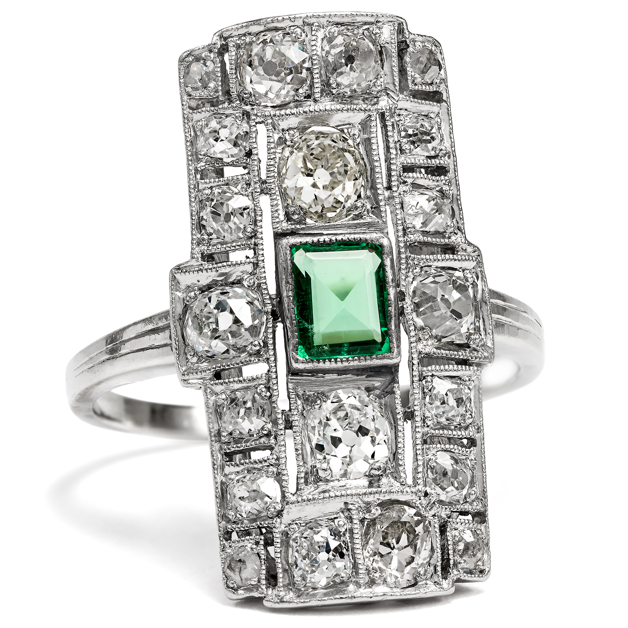 Large Art Deco "Plaque" Ring with Emerald & Diamonds, Germany c. 1925 Large Art Deco "Plaque" Ring with Emerald & Diamonds, Germany c. 1925