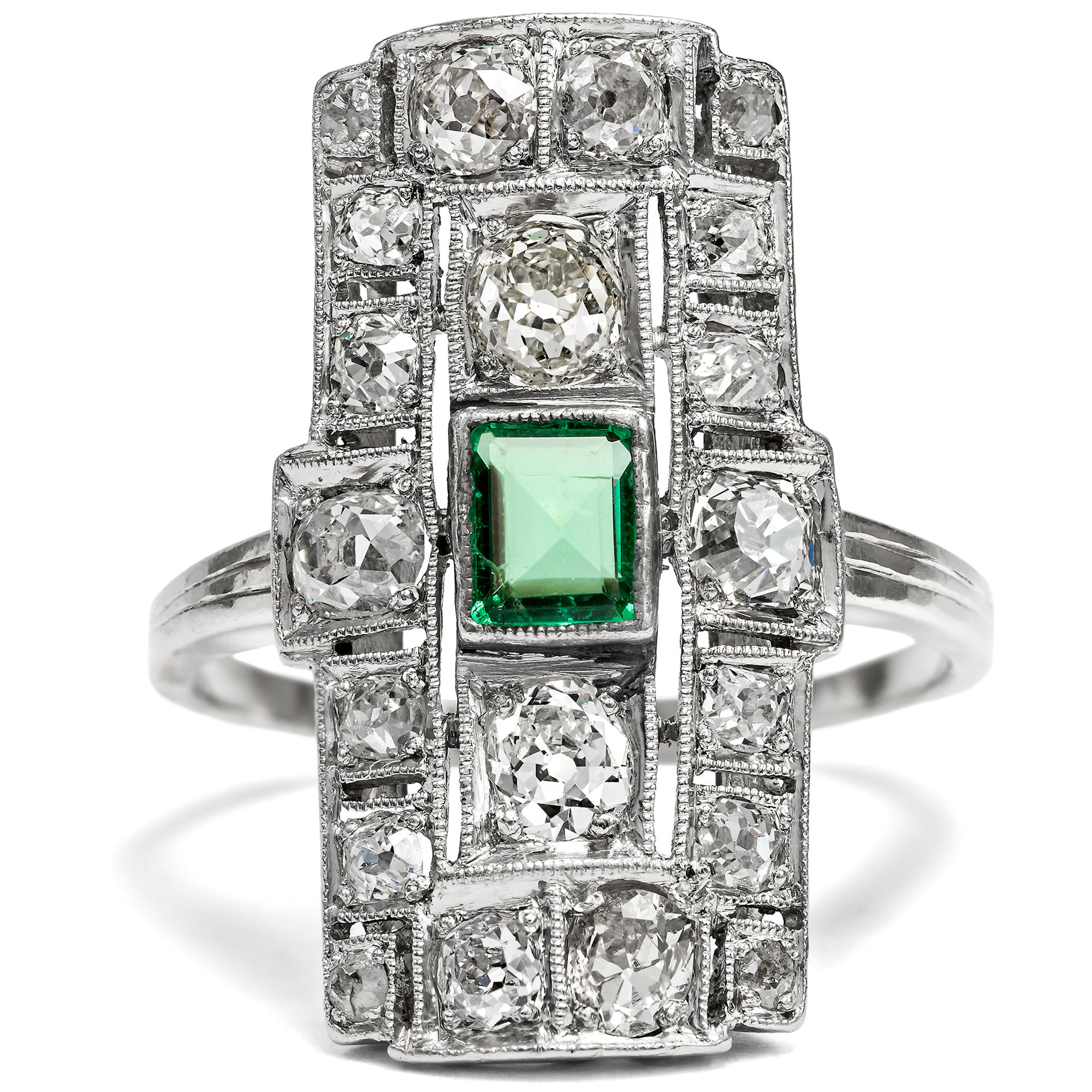 Large Art Deco "Plaque" Ring with Emerald & Diamonds, Germany c. 1925 Large Art Deco "Plaque" Ring with Emerald & Diamonds, Germany c. 1925