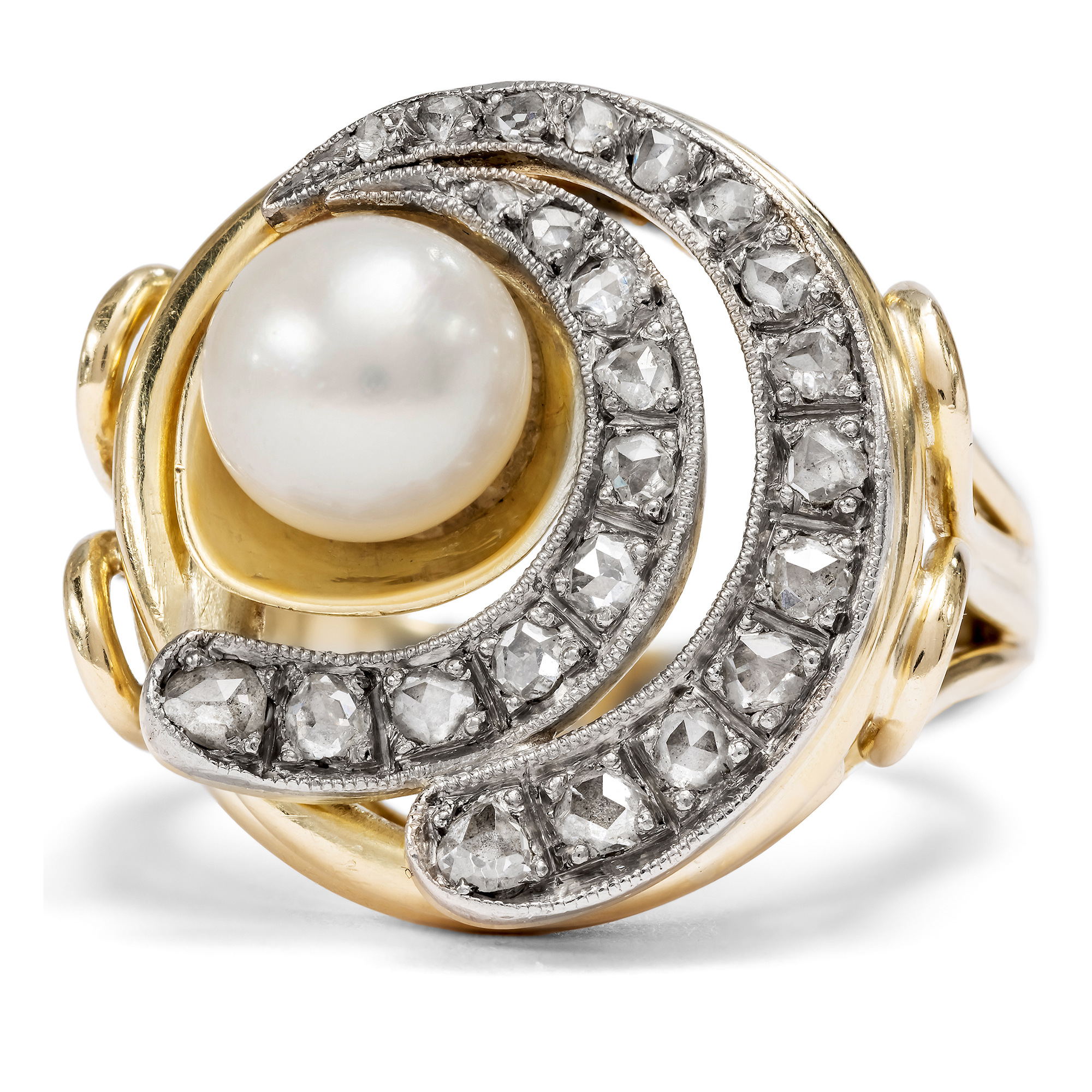 Mondäner vintage Ring mit Akoya-Perle & Diamanten in Gold & Platin, um 1960 Mondäner vintage Ring mit Akoya-Perle & Diamanten in Gold & Platin, um 1960