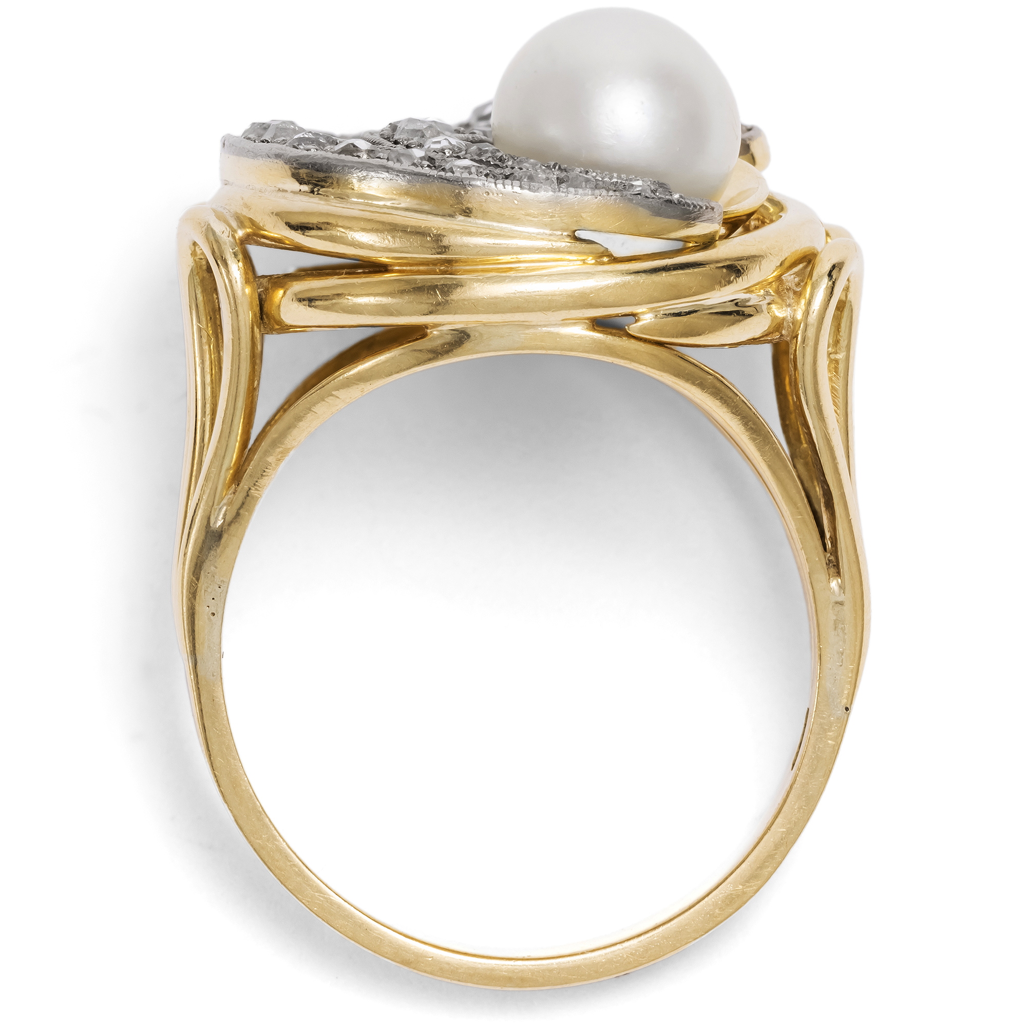 Mondäner vintage Ring mit Akoya-Perle & Diamanten in Gold & Platin, um 1960 Mondäner vintage Ring mit Akoya-Perle & Diamanten in Gold & Platin, um 1960