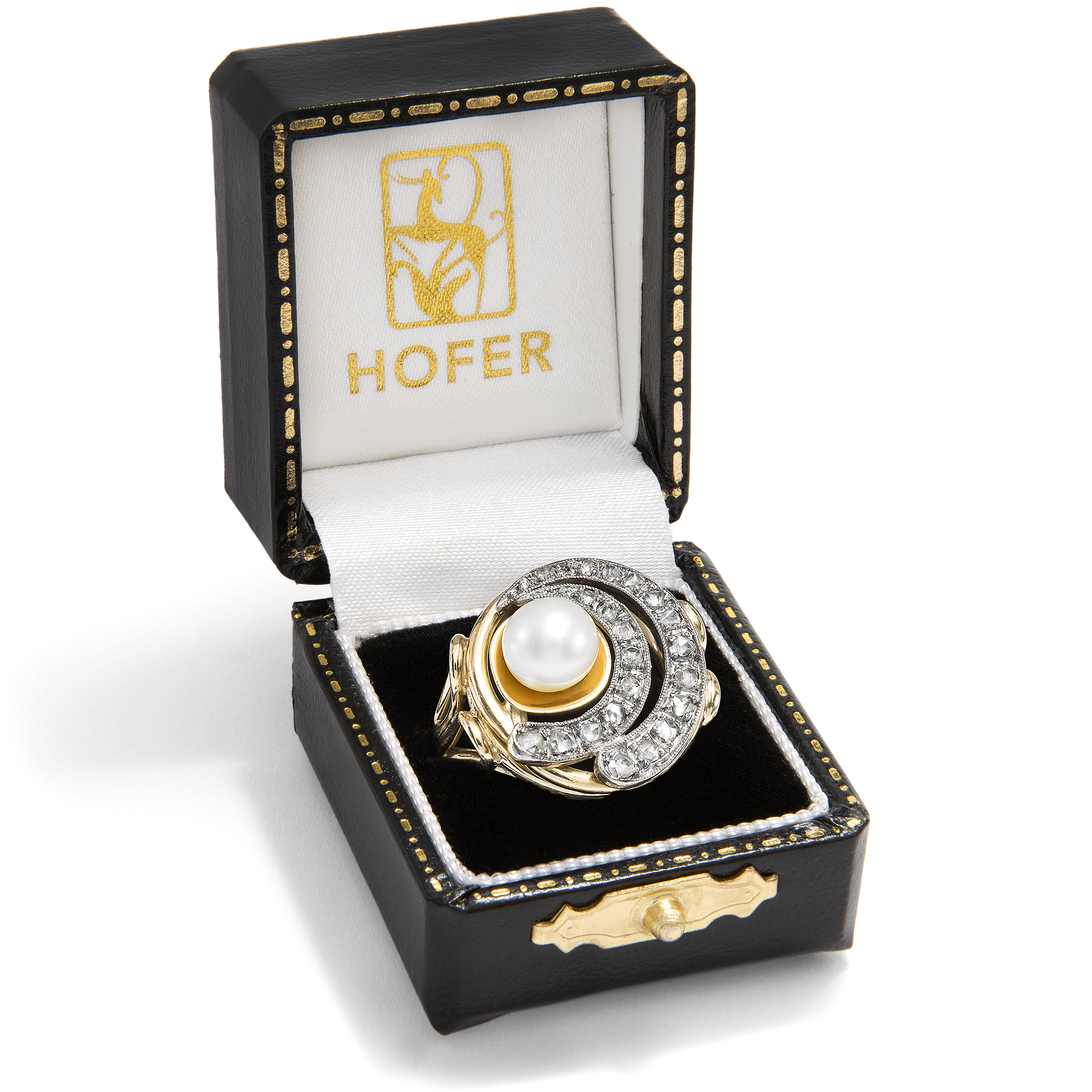 Mondäner vintage Ring mit Akoya-Perle & Diamanten in Gold & Platin, um 1960 Mondäner vintage Ring mit Akoya-Perle & Diamanten in Gold & Platin, um 1960