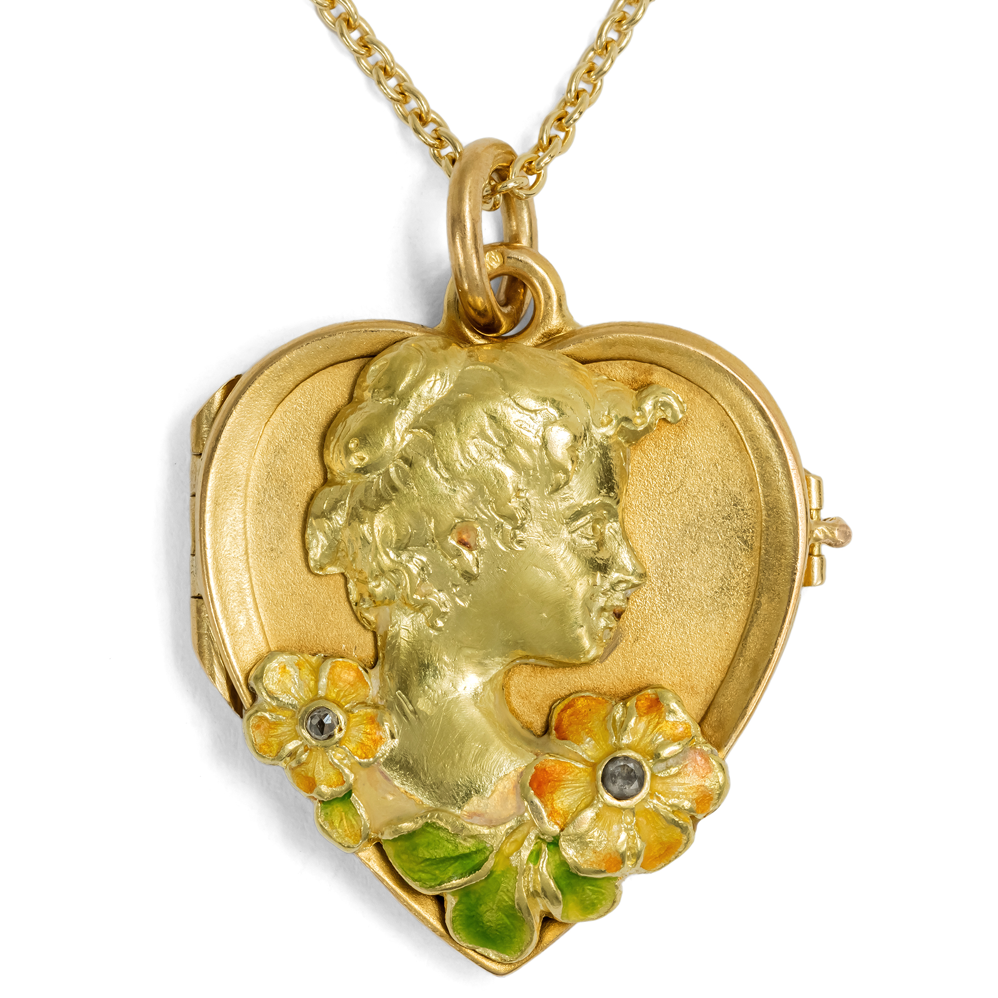 Anmutiges Medaillon mit Diamanten & buntem Email in Gold, um 1905 Anmutiges Medaillon mit Diamanten & buntem Email in Gold, um 1905