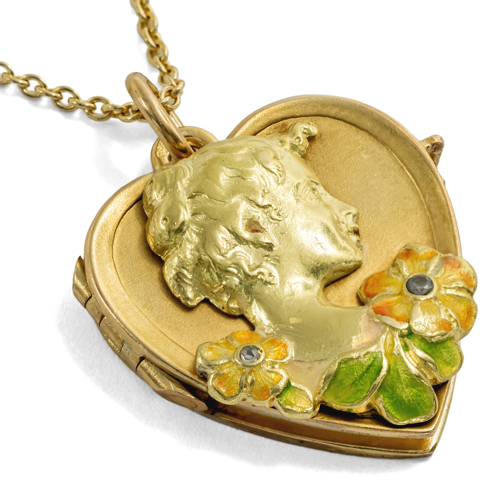 Anmutiges Medaillon mit Diamanten & buntem Email in Gold, um 1905 Anmutiges Medaillon mit Diamanten & buntem Email in Gold, um 1905