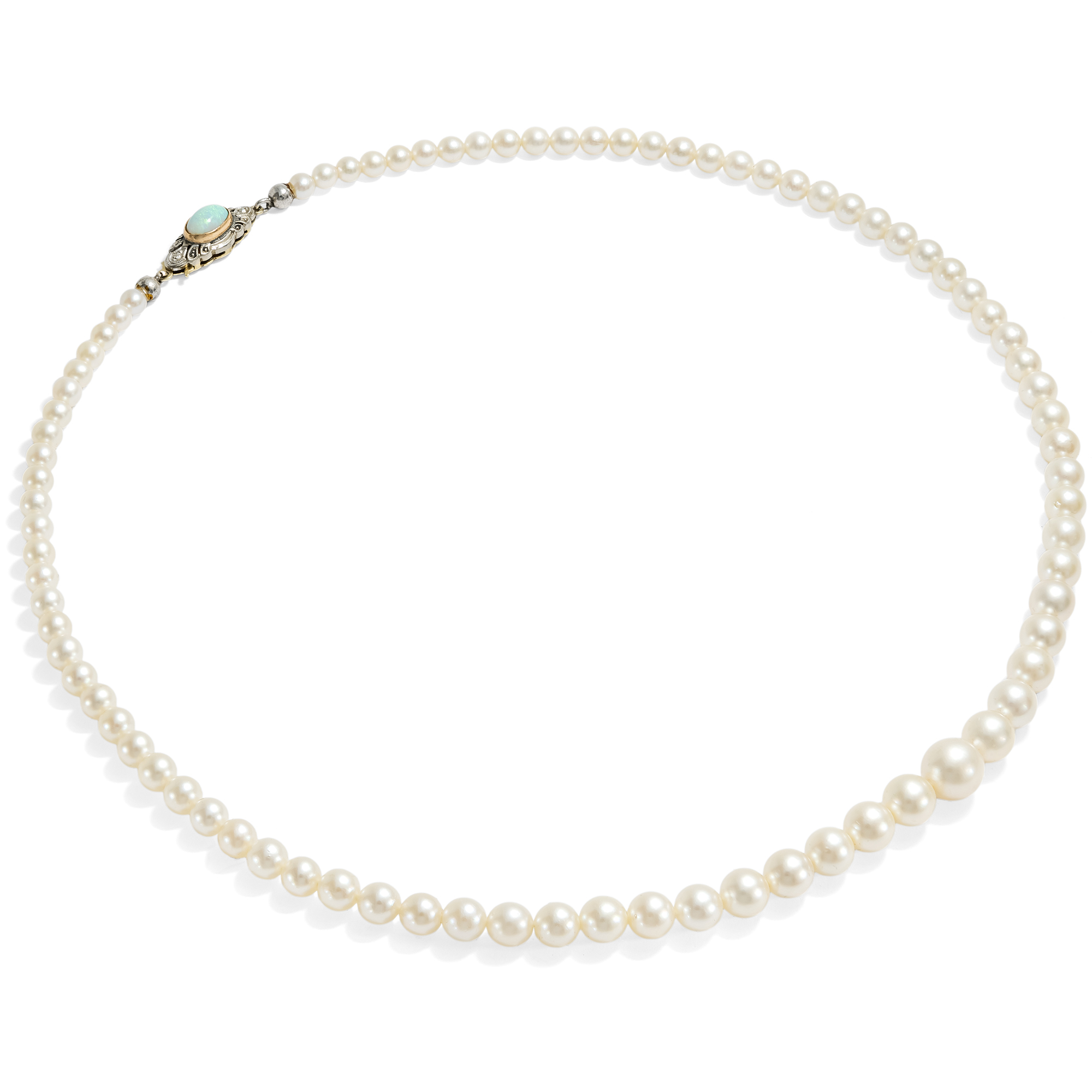 Antique Akoya Pearl "Chute" Necklace With Opal Clasp, c. 1955 Antique Akoya Pearl "Chute" Necklace With Opal Clasp, c. 1955