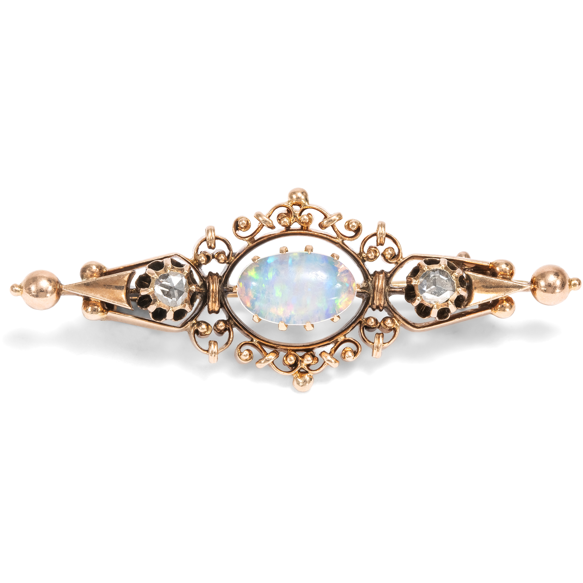Antike Brosche mit Opal und Diamantrosen in Rotgold, Deutschland um 1890 Antike Brosche mit Opal und Diamantrosen in Rotgold, Deutschland um 1890