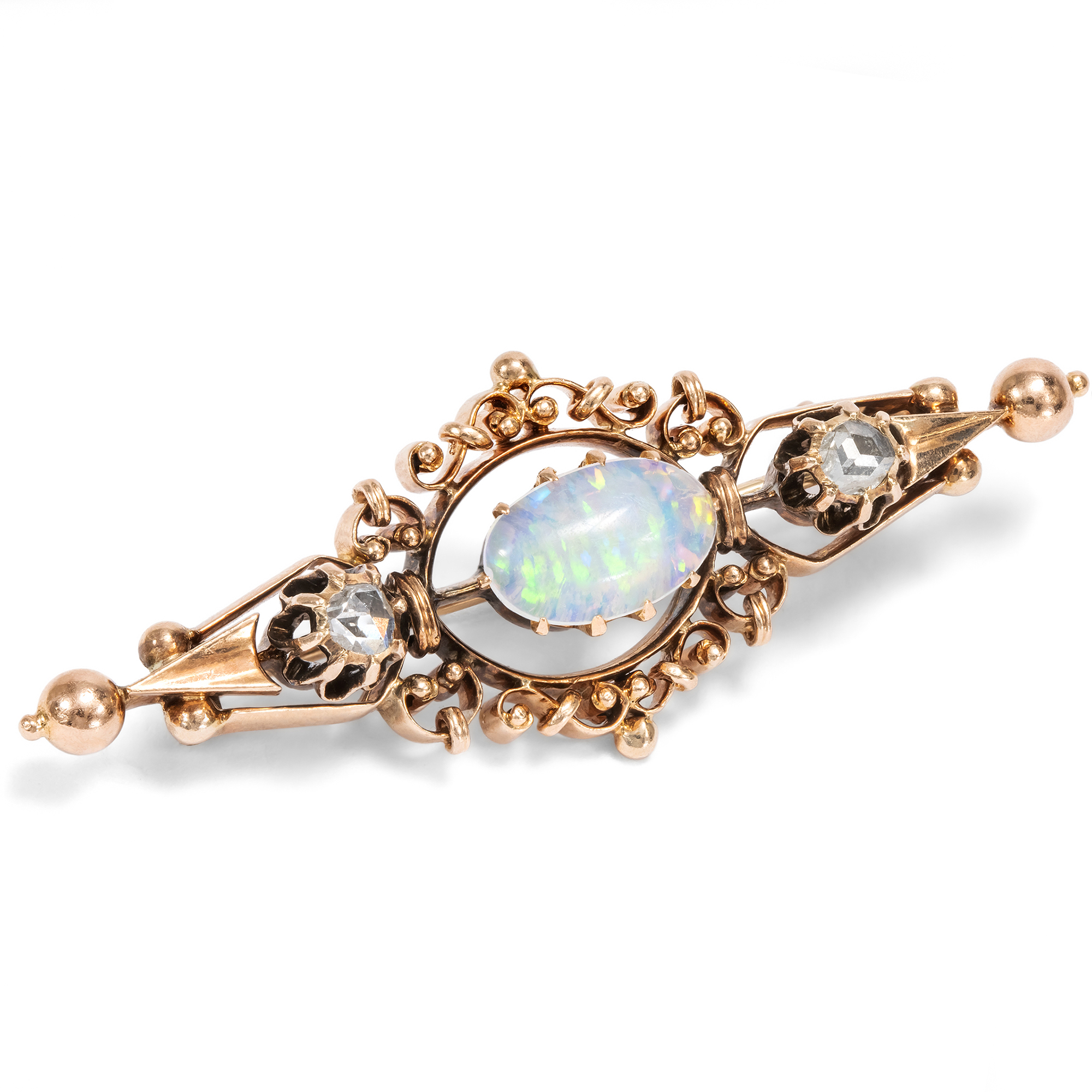 Antike Brosche mit Opal und Diamantrosen in Rotgold, Deutschland um 1890 Antike Brosche mit Opal und Diamantrosen in Rotgold, Deutschland um 1890