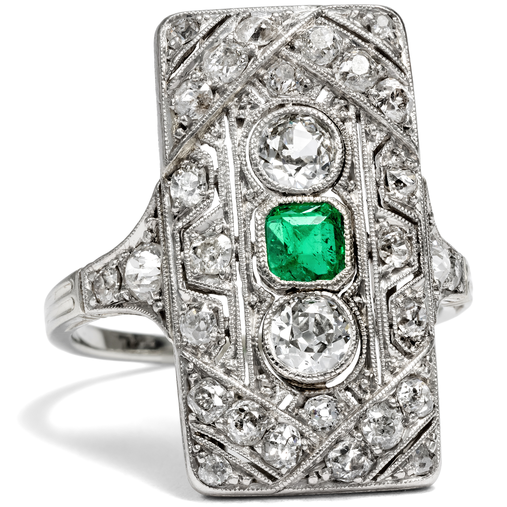 Classic Art Deco Ring With Emerald & Diamonds in Platinum, Circa 1925