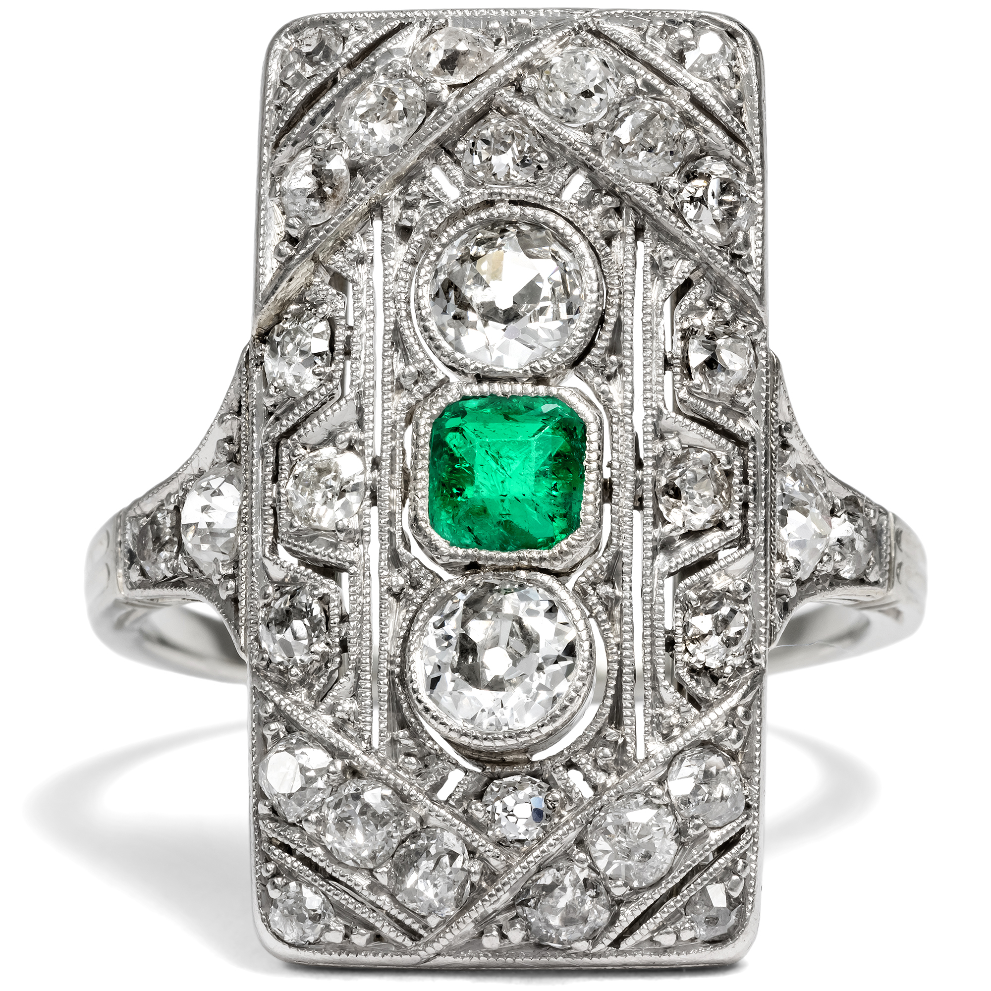 Classic Art Deco Ring With Emerald & Diamonds in Platinum, Circa 1925