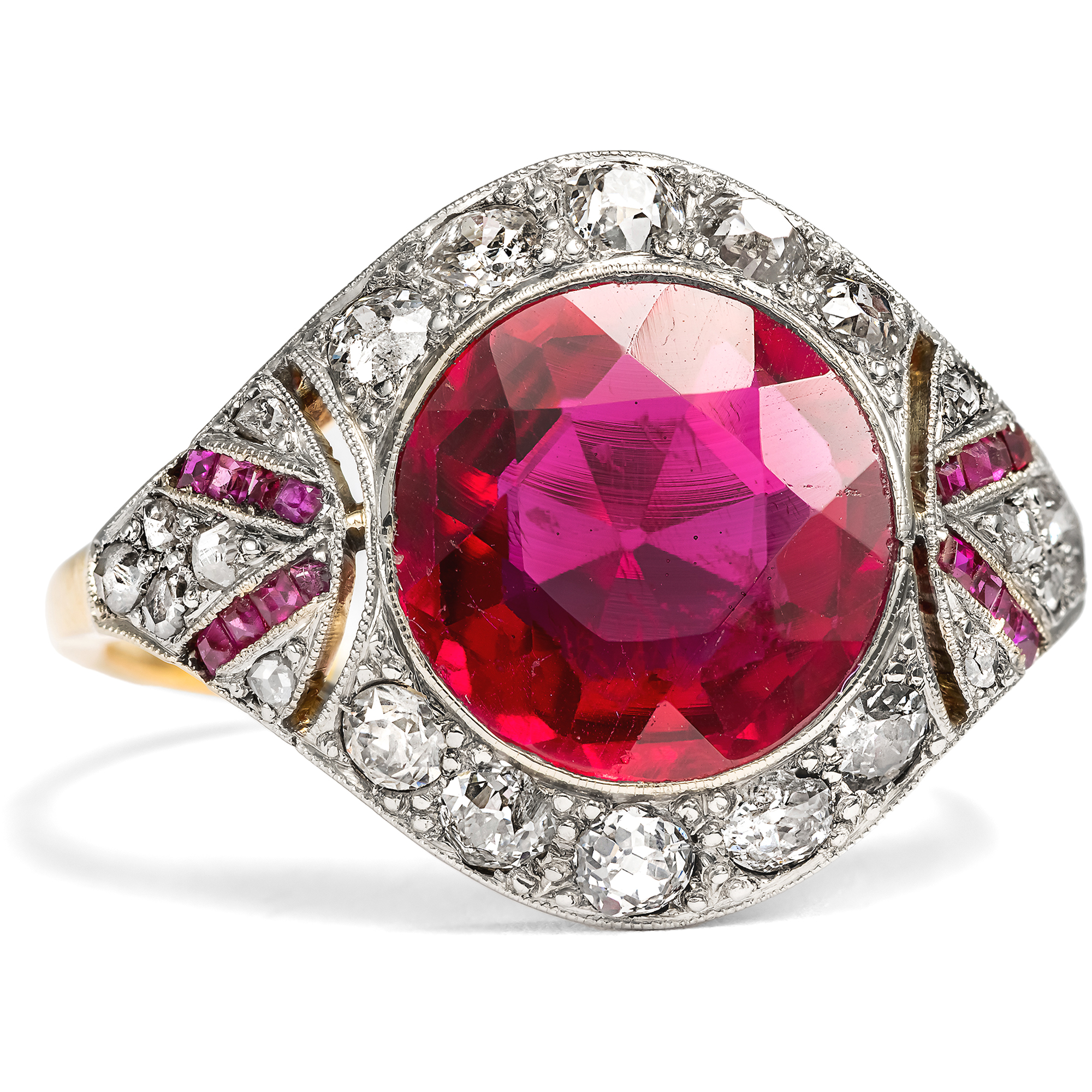Prachtvoller Ring des Art Déco mit synthetischen Rubinen & Diamanten, um 1925 Prachtvoller Ring des Art Déco mit synthetischen Rubinen & Diamanten, um 1925