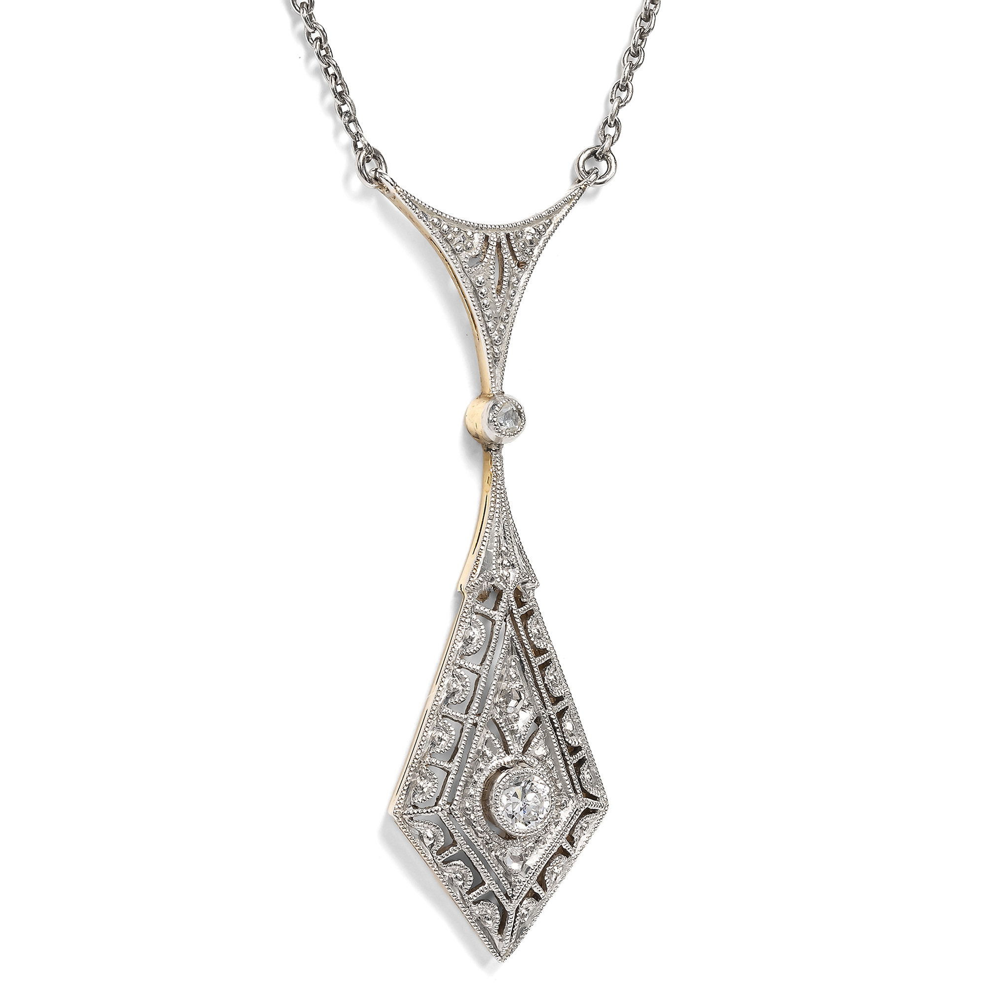 Zartes Collier des Art Déco mit Diamanten in Platin auf Gold, um 1930 Zartes Collier des Art Déco mit Diamanten in Platin auf Gold, um 1930