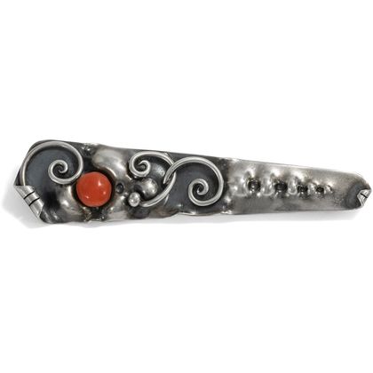 Broche Art Déco Vintage - Clip Cuir Avec Clous Chromés - Argenté - Occasion