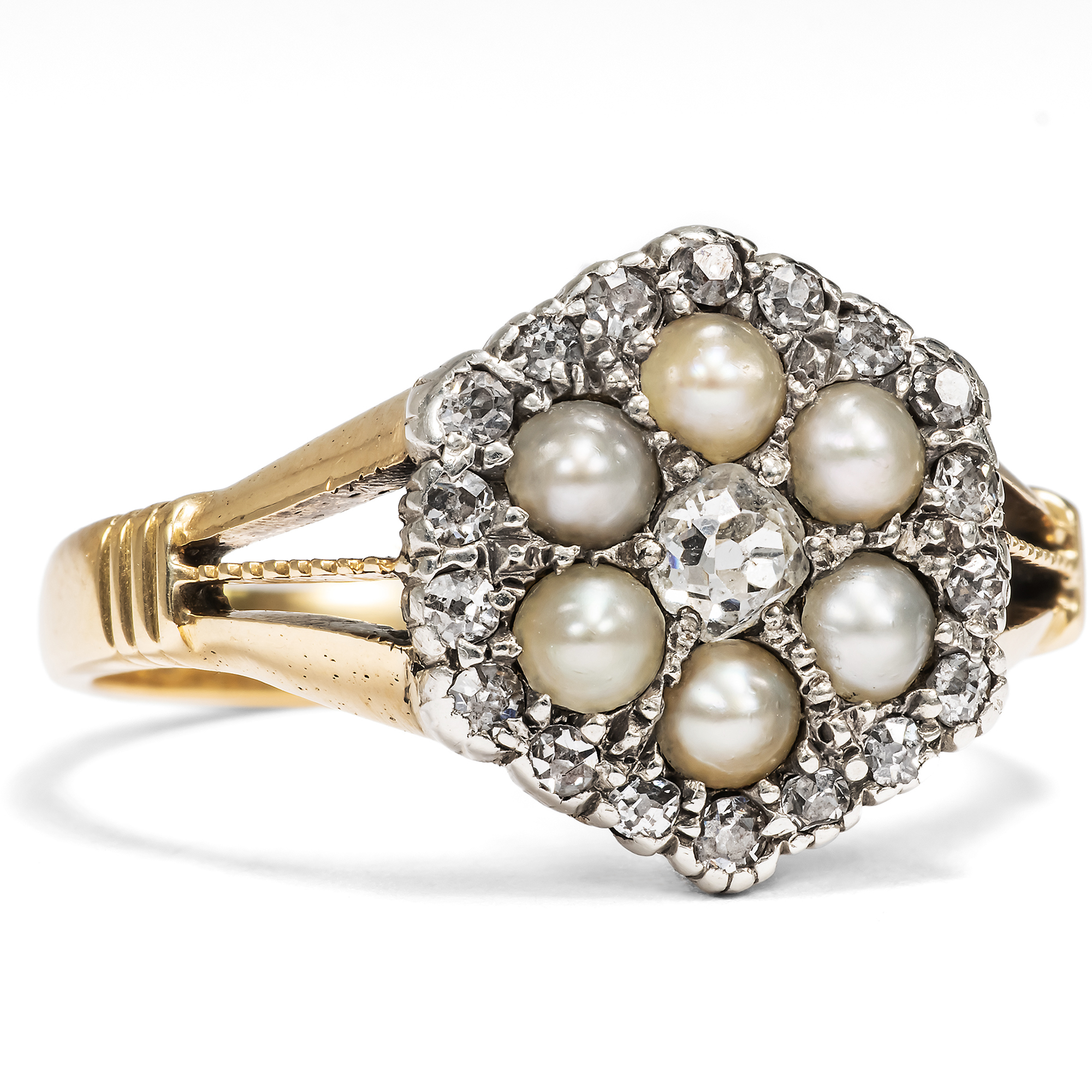 Antiker Ring mit Perlen & Diamanten in Silber & Gold, Großbritannien um 1885 Antiker Ring mit Perlen & Diamanten in Silber & Gold, Großbritannien um 1885
