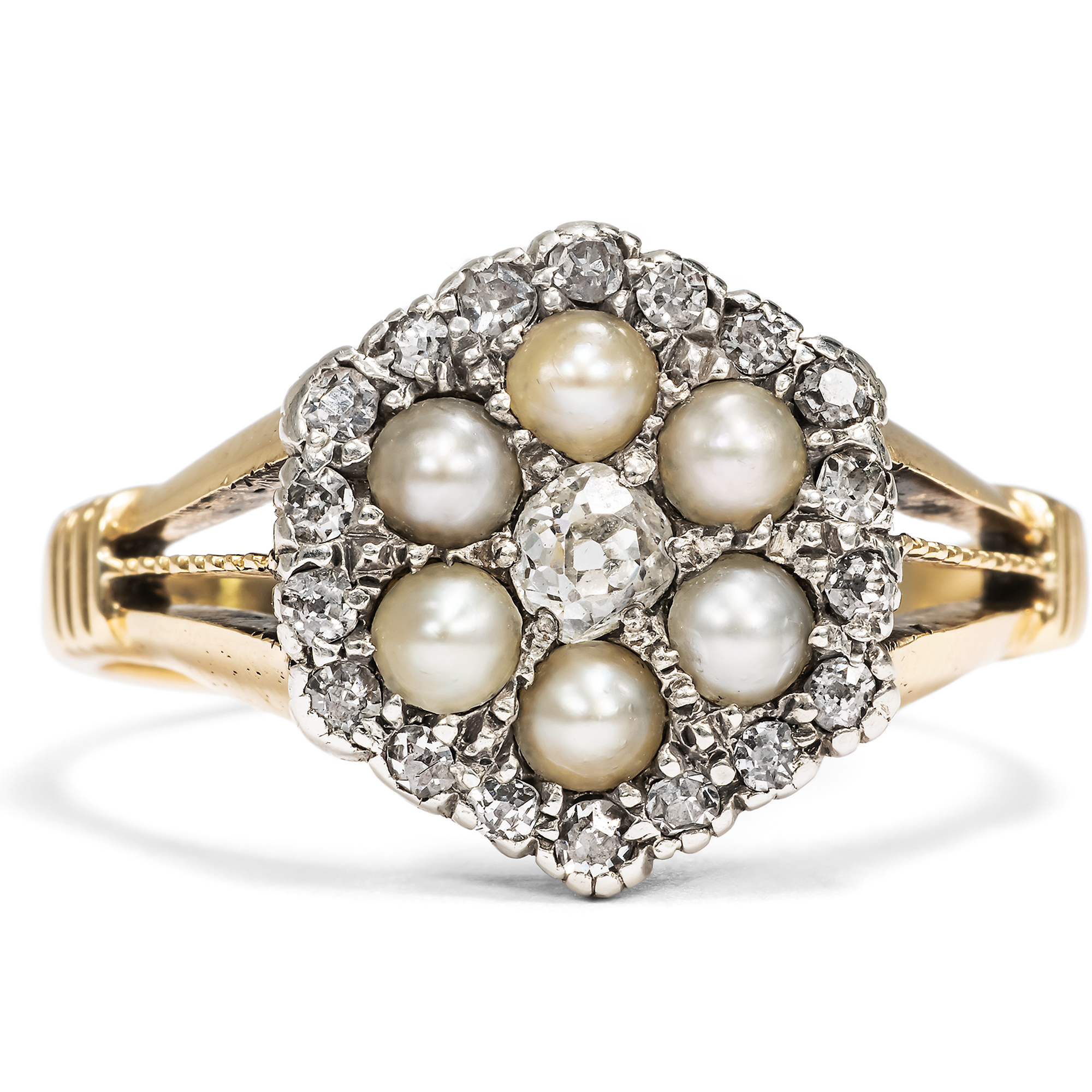 Antiker Ring mit Perlen & Diamanten in Silber & Gold, Großbritannien um 1885 Antiker Ring mit Perlen & Diamanten in Silber & Gold, Großbritannien um 1885