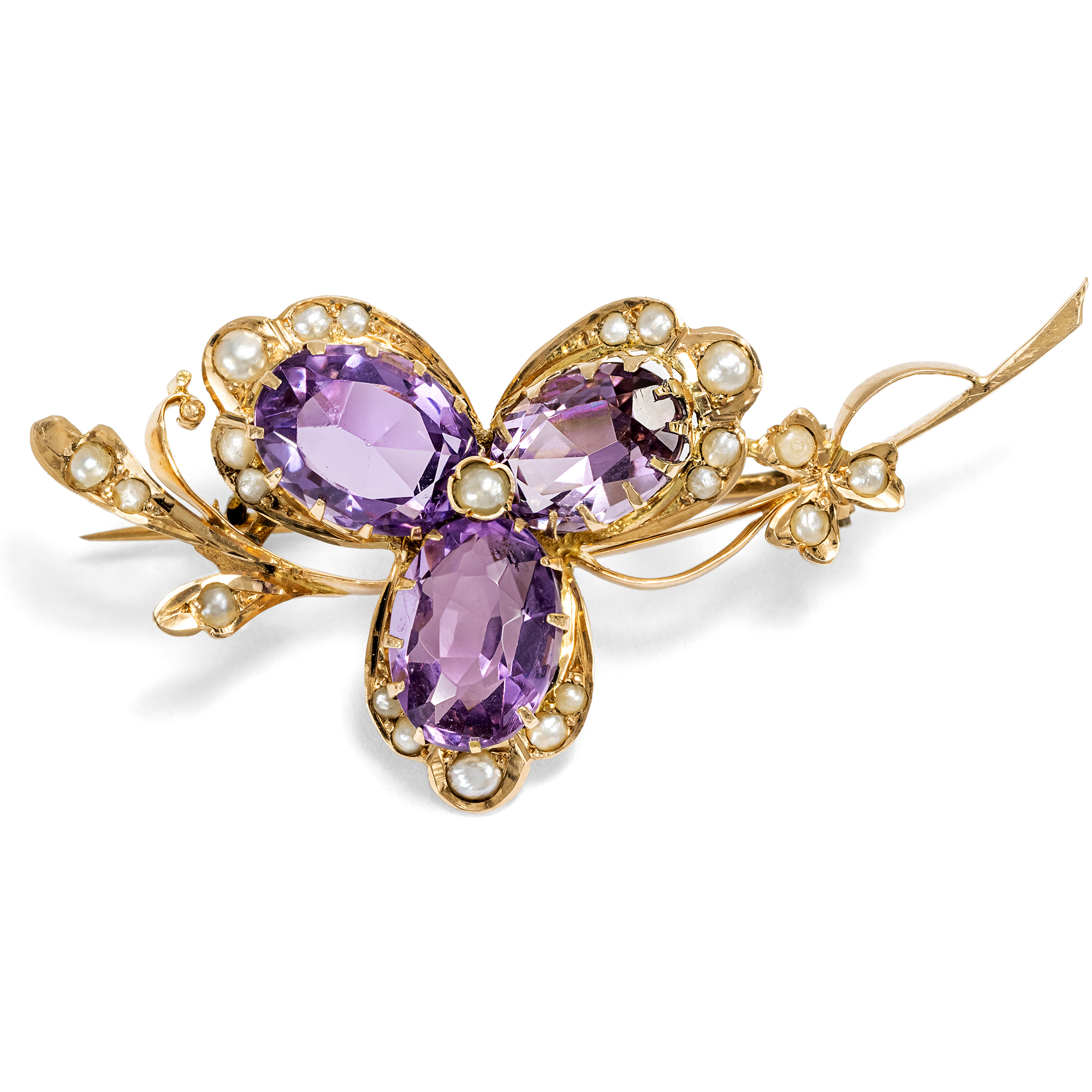 Bezaubernde antike Brosche mit Amethysten & Perlen in rötlichem Gold, um 1900 Bezaubernde antike Brosche mit Amethysten & Perlen in rötlichem Gold, um 1900