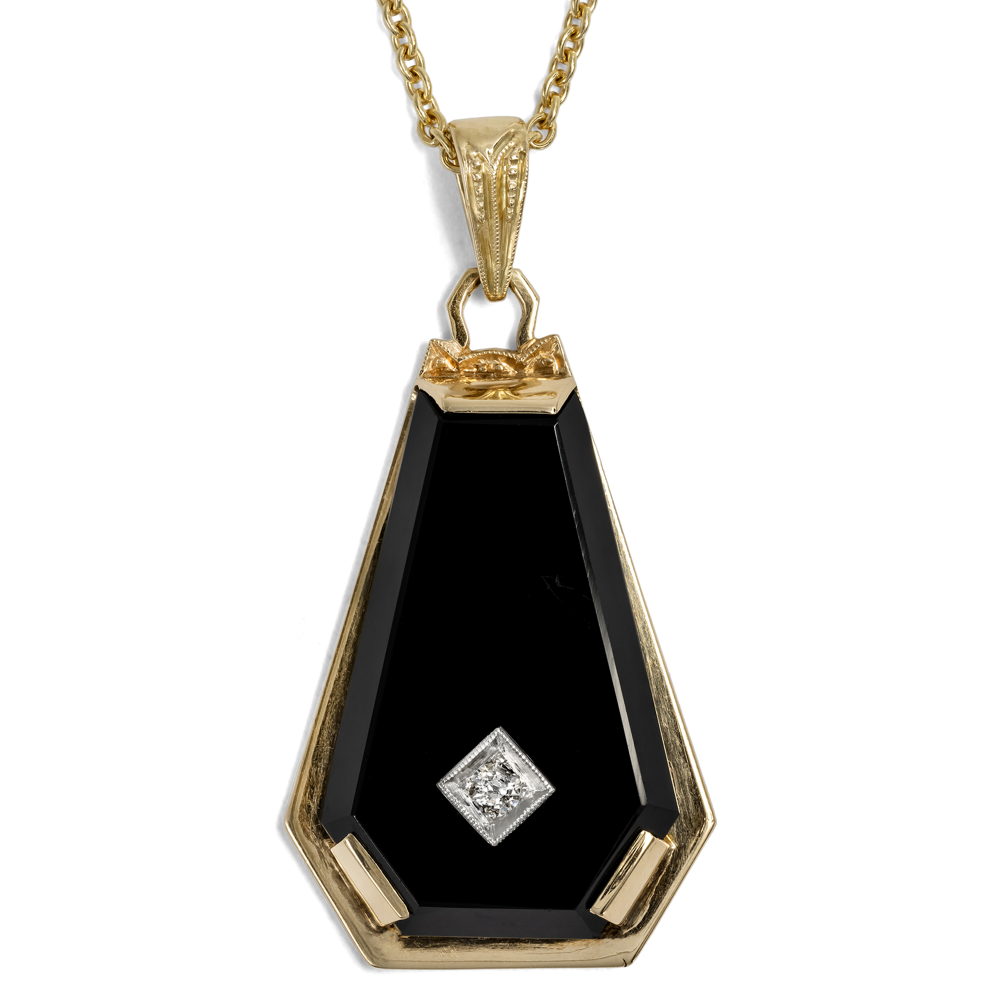 Ausdrucksstarker Anhänger des Art Déco mit Onyx & Diamant in Gold, Deutschland um 1930 Ausdrucksstarker Anhänger des Art Déco mit Onyx & Diamant in Gold, Deutschland um 1930