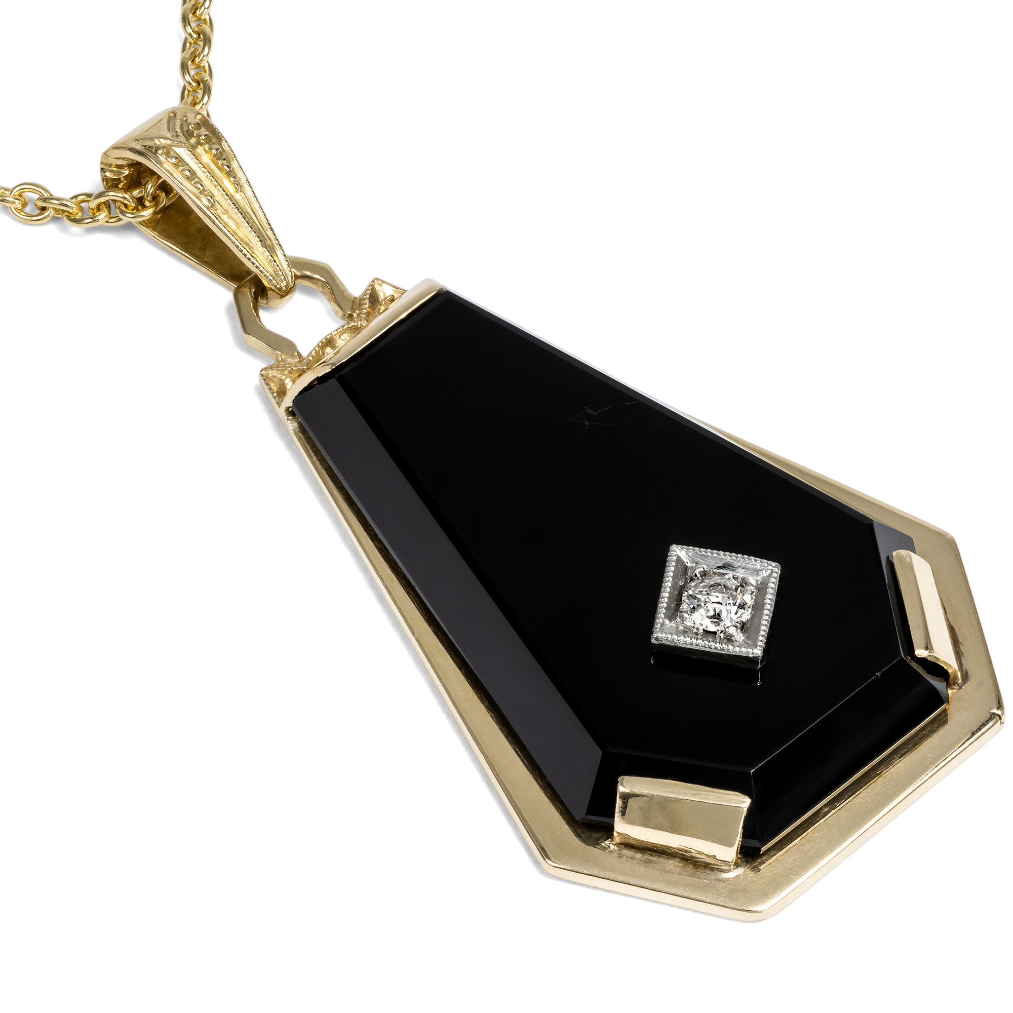 Ausdrucksstarker Anhänger des Art Déco mit Onyx & Diamant in Gold, Deutschland um 1930 Ausdrucksstarker Anhänger des Art Déco mit Onyx & Diamant in Gold, Deutschland um 1930