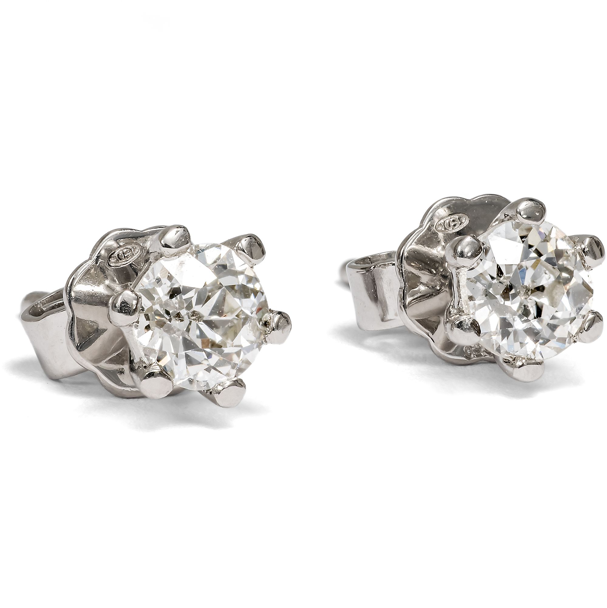 Timeless Solitaire Ear Studs with 0.96 ct Old Cut Diamonds in Platinum, from our Workshop Timeless Solitaire Ear Studs with 0.96 ct Old Cut Diamonds in Platinum, from our Workshop