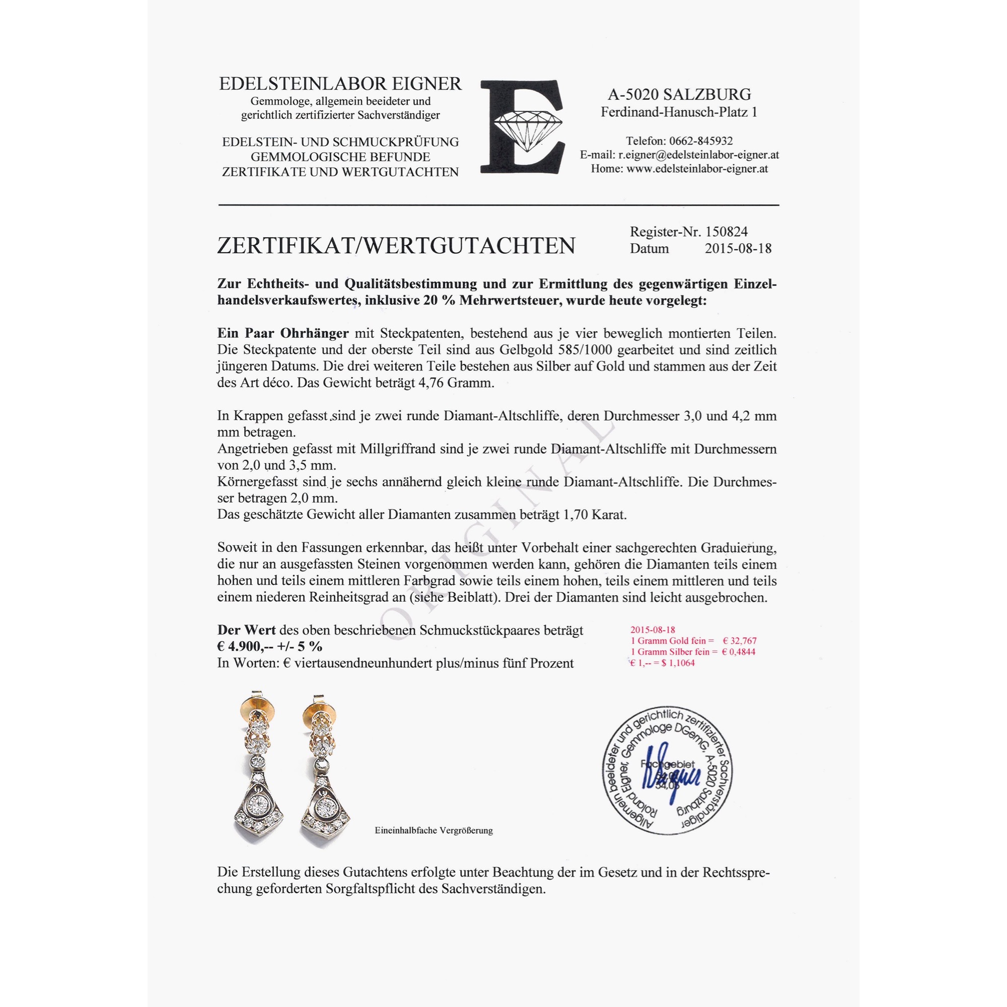 Elegante Ohrringe mit Diamanten in Silber & Gold, um 1920 & später Elegante Ohrringe mit Diamanten in Silber & Gold, um 1920 & später