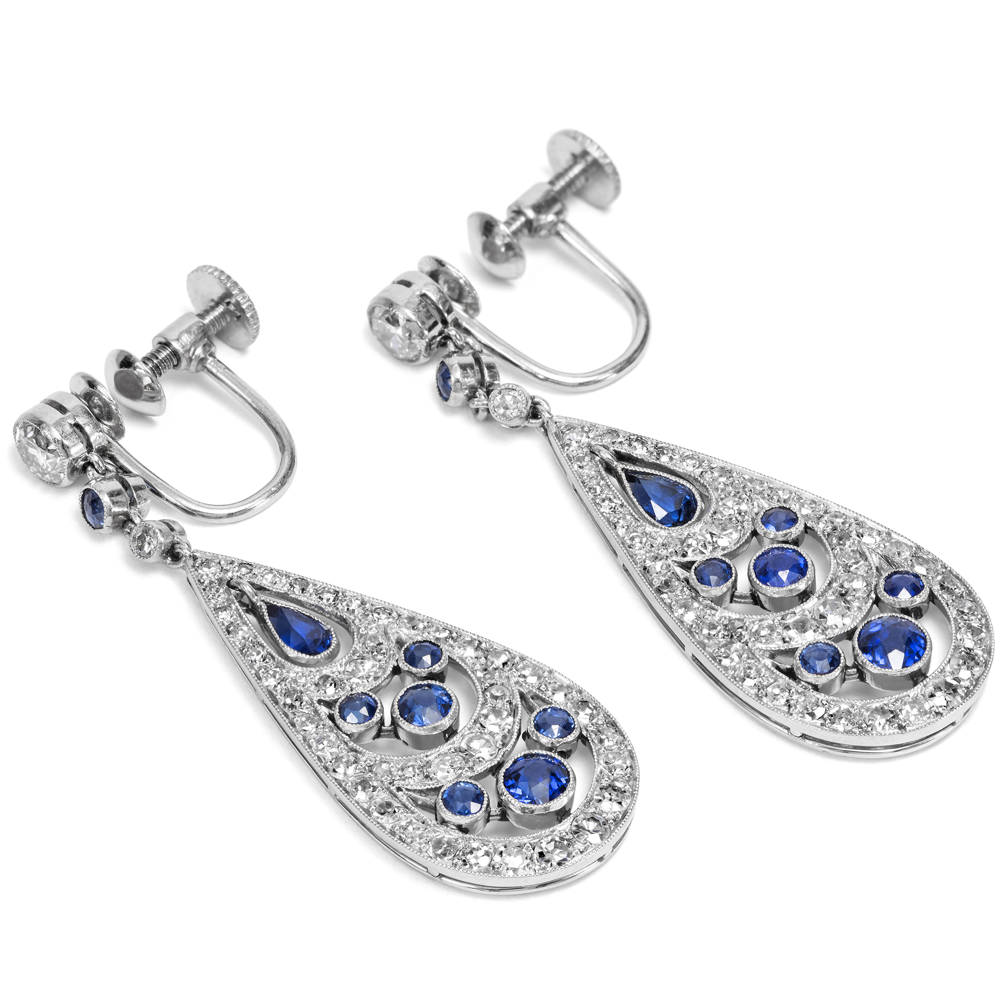 Antike Ohrschrauben des Art Déco mit Saphiren & Diamanten in Platin, um 1925 Antike Ohrschrauben des Art Déco mit Saphiren & Diamanten in Platin, um 1925