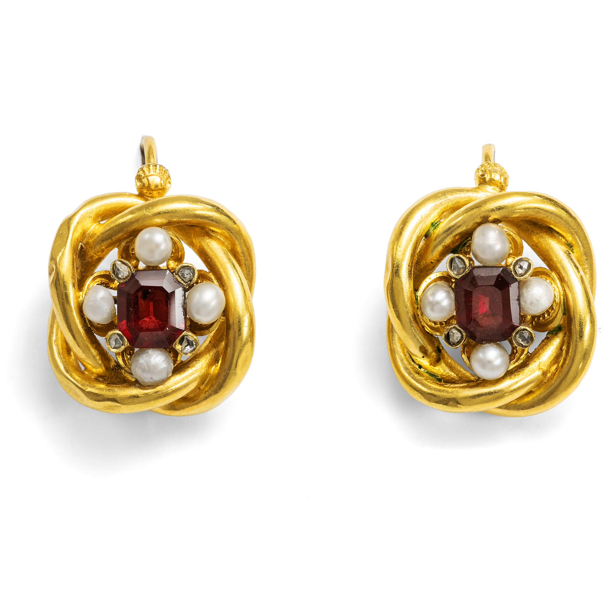 Prachtvolle Demi-Parure aus Granaten, Perlen & Diamanten in Gold, Wien um 1850 Prachtvolle Demi-Parure aus Granaten, Perlen & Diamanten in Gold, Wien um 1850