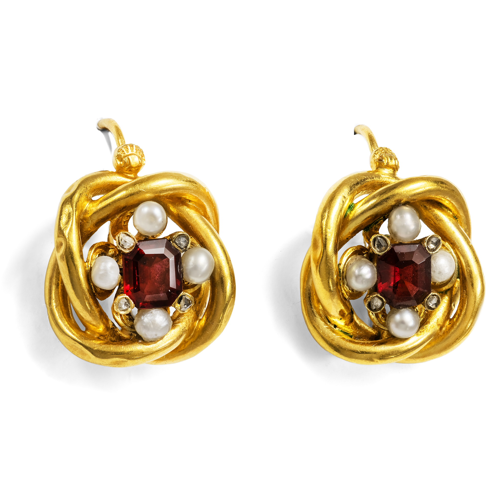 Prachtvolle Demi-Parure aus Granaten, Perlen & Diamanten in Gold, Wien um 1850 Prachtvolle Demi-Parure aus Granaten, Perlen & Diamanten in Gold, Wien um 1850