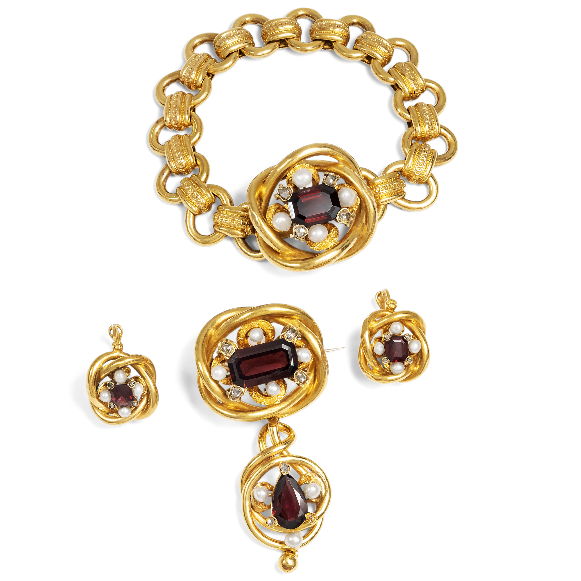 Prachtvolle Demi-Parure aus Granaten, Perlen & Diamanten in Gold, Wien um 1850 Prachtvolle Demi-Parure aus Granaten, Perlen & Diamanten in Gold, Wien um 1850