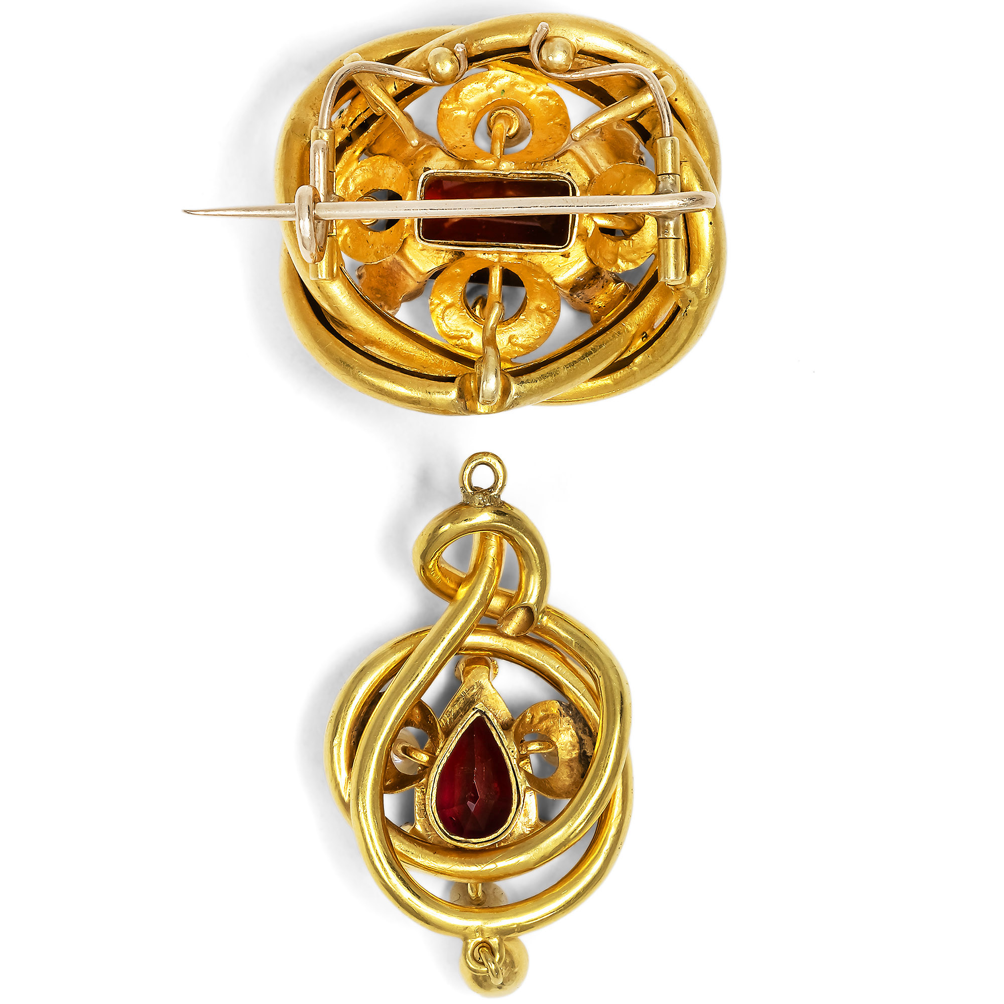 Prachtvolle Demi-Parure aus Granaten, Perlen & Diamanten in Gold, Wien um 1850 Prachtvolle Demi-Parure aus Granaten, Perlen & Diamanten in Gold, Wien um 1850