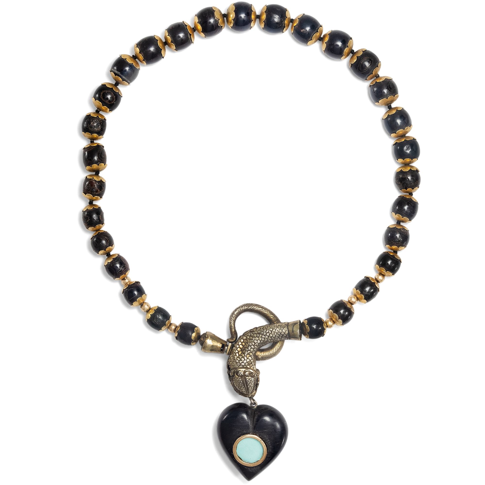 Viktorianisches Schlangen-Collier mit Medaillon in Gold & Horn, England um 1860 Viktorianisches Schlangen-Collier mit Medaillon in Gold & Horn, England um 1860