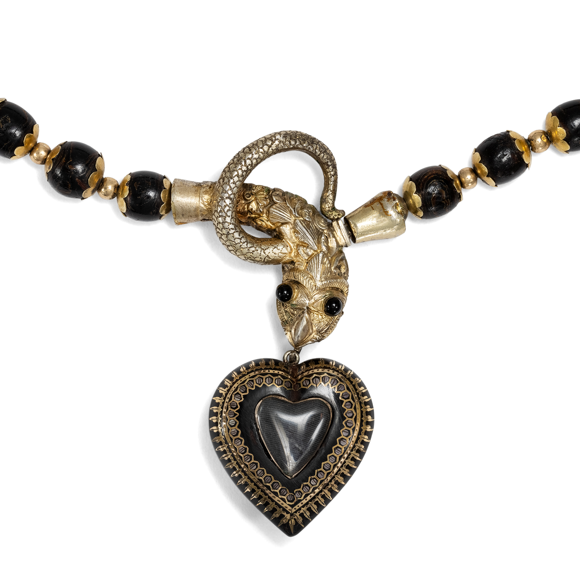 Viktorianisches Schlangen-Collier mit Medaillon in Gold & Horn, England um 1860 Viktorianisches Schlangen-Collier mit Medaillon in Gold & Horn, England um 1860