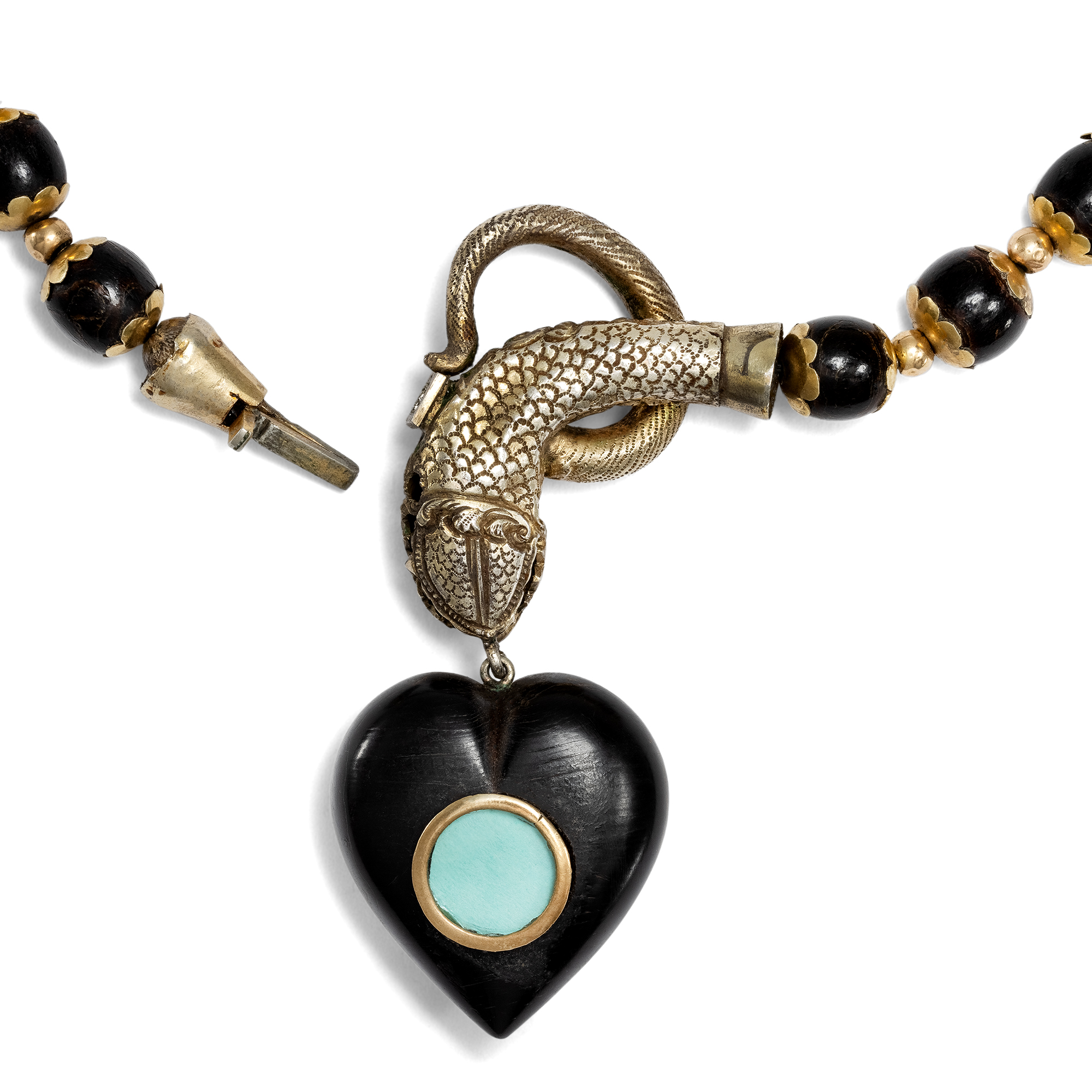 Viktorianisches Schlangen-Collier mit Medaillon in Gold & Horn, England um 1860 Viktorianisches Schlangen-Collier mit Medaillon in Gold & Horn, England um 1860