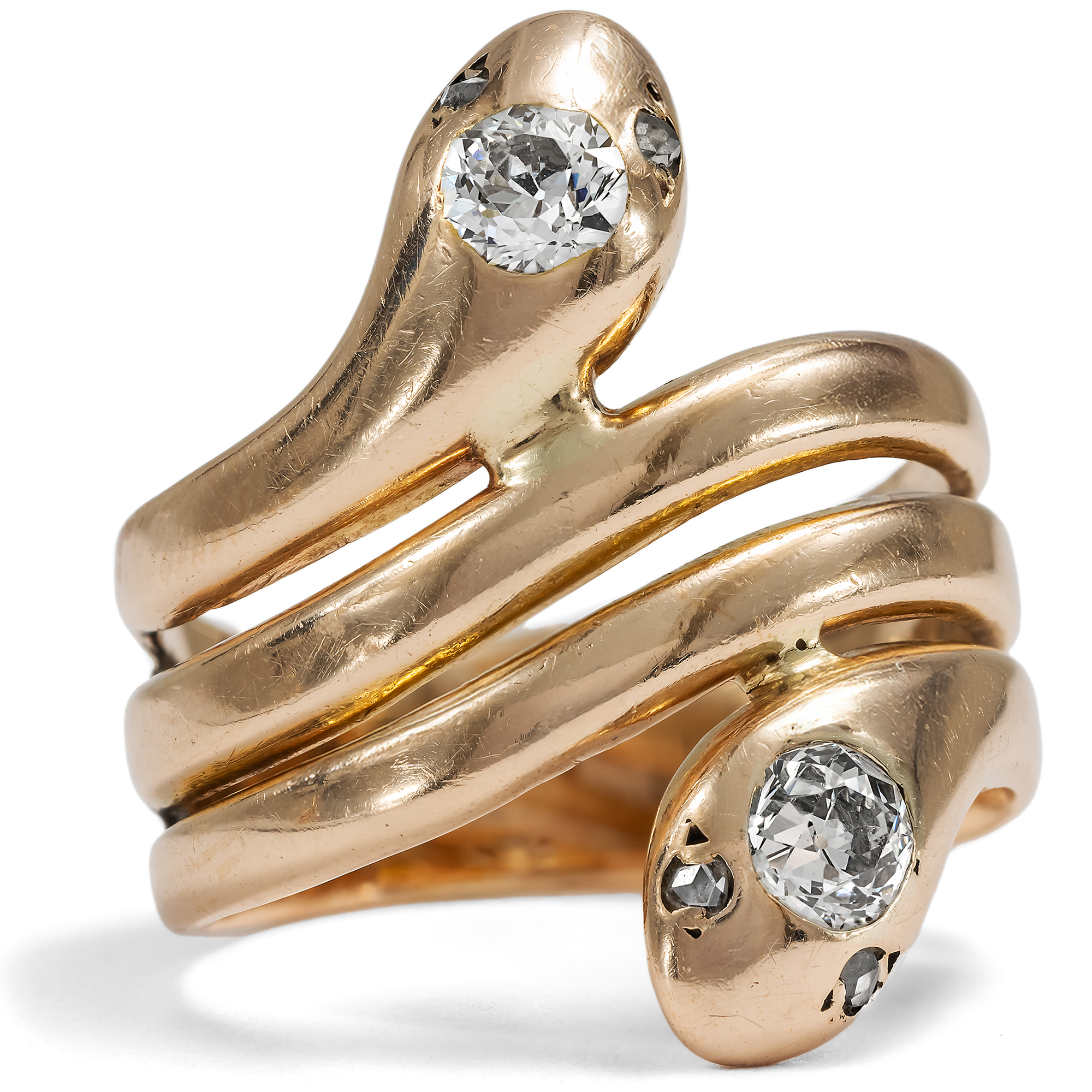 Kleiner antiker Schlangenring aus Gold mit Diamanten im Altschliff, um 1900 Kleiner antiker Schlangenring aus Gold mit Diamanten im Altschliff, um 1900