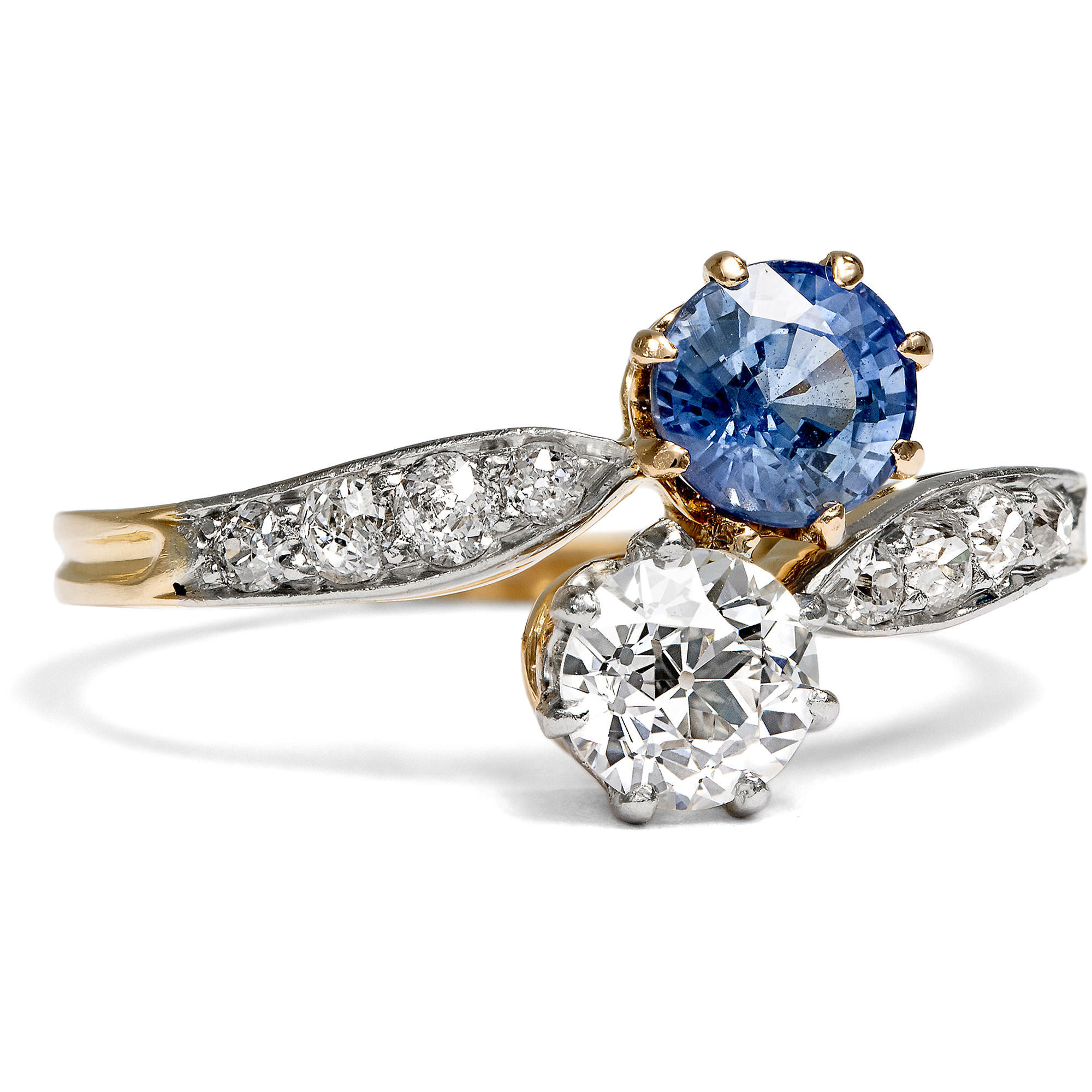 Antiker „Toi-et-Moi“-Ring mit Diamanten & Saphir in Platin & Gold, um 1910 Antiker „Toi-et-Moi“-Ring mit Diamanten & Saphir in Platin & Gold, um 1910