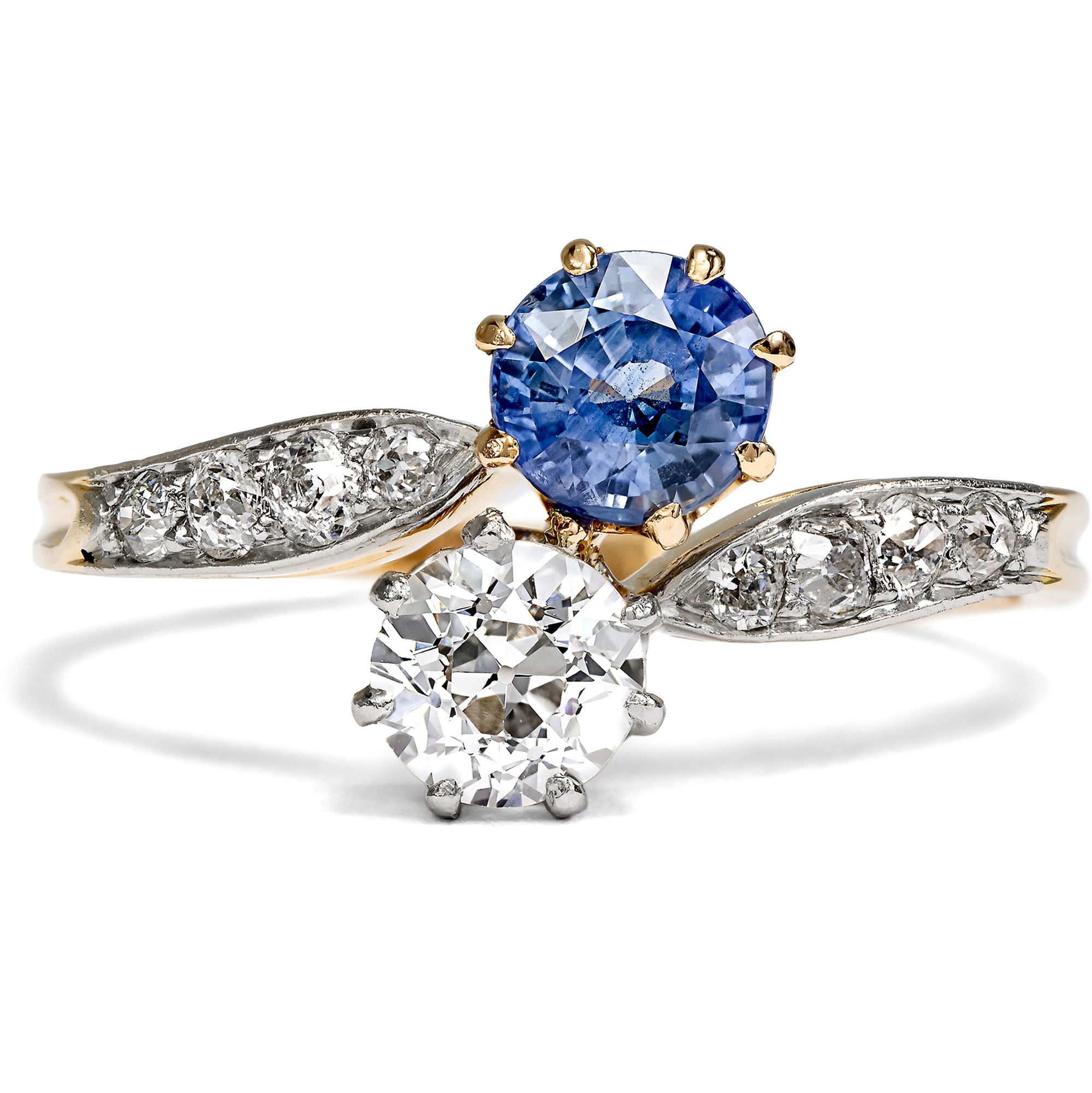 Antiker „Toi-et-Moi“-Ring mit Diamanten & Saphir in Platin & Gold, um 1910 Antiker „Toi-et-Moi“-Ring mit Diamanten & Saphir in Platin & Gold, um 1910