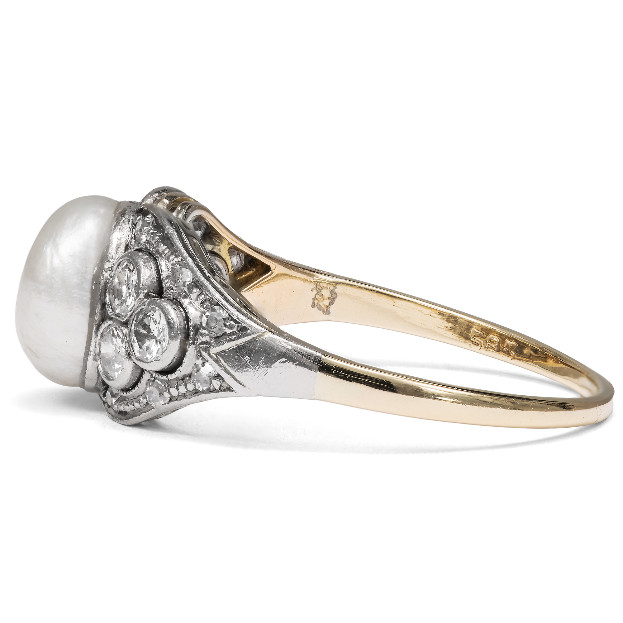 Elegant Belle Époque Ring with Natural Pearl & Diamonds, c. 1910 Elegant Belle Époque Ring with Natural Pearl & Diamonds, c. 1910