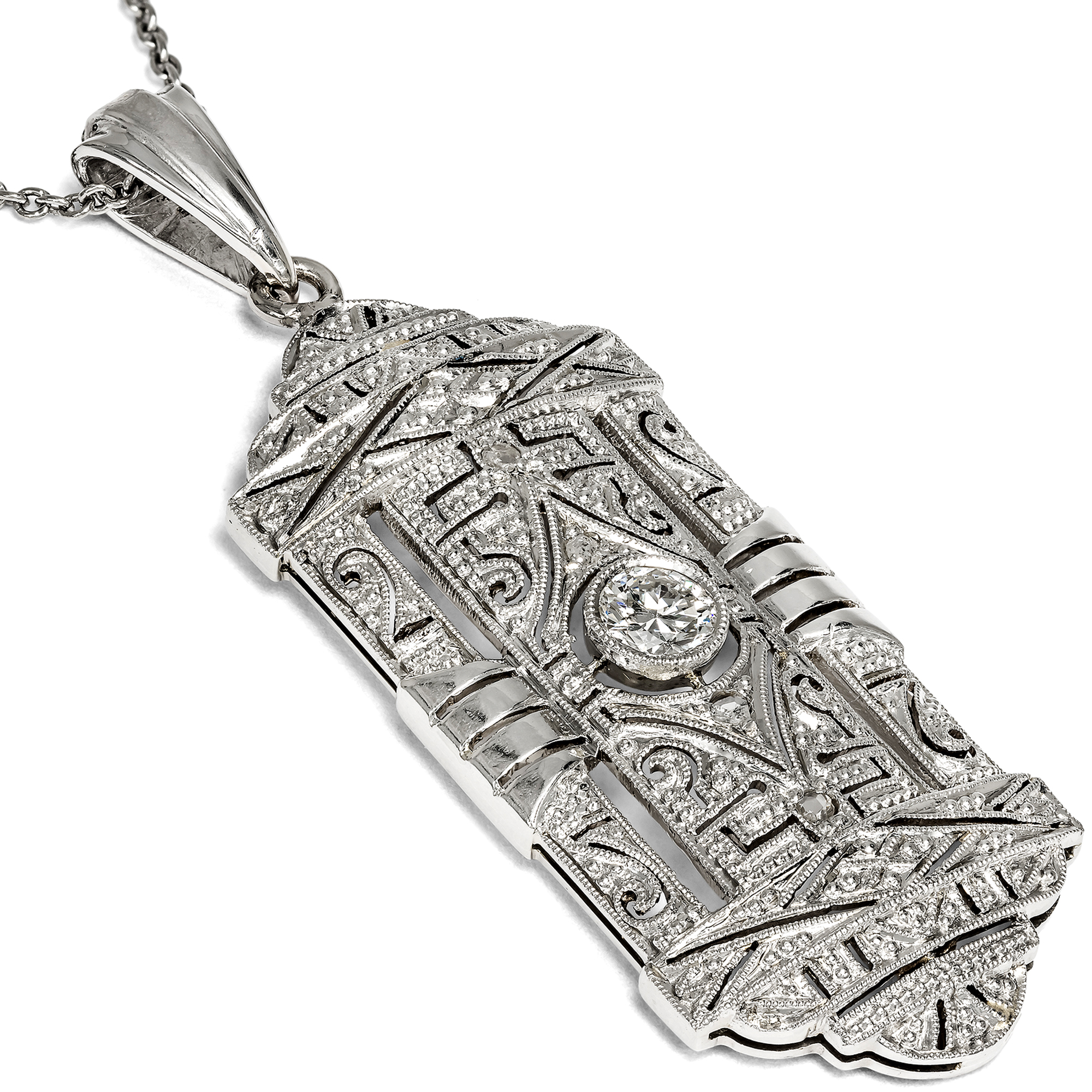 Elegant Platinum & White Gold Diamond Pendant, c. 1930 & Later Elegant Platinum & White Gold Diamond Pendant, c. 1930 & Later