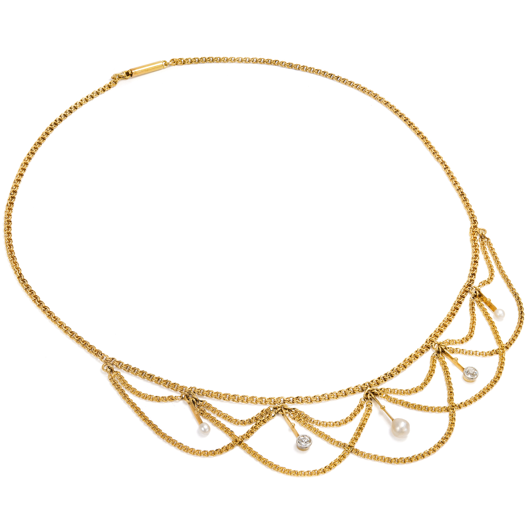 Zartes Collier mit Diamanten & Naturperlen in Gold, um 1900 Zartes Collier mit Diamanten & Naturperlen in Gold, um 1900
