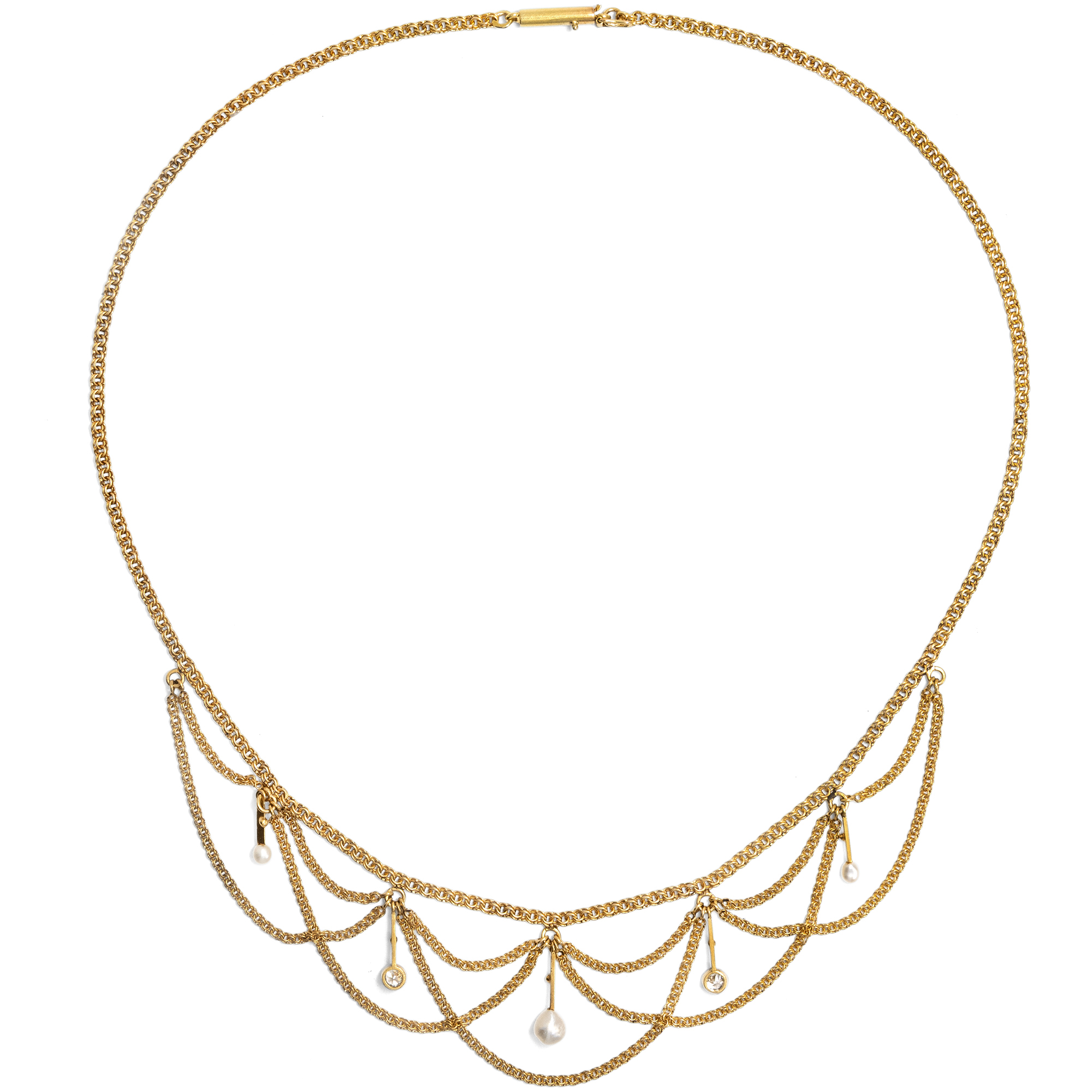 Zartes Collier mit Diamanten & Naturperlen in Gold, um 1900 Zartes Collier mit Diamanten & Naturperlen in Gold, um 1900
