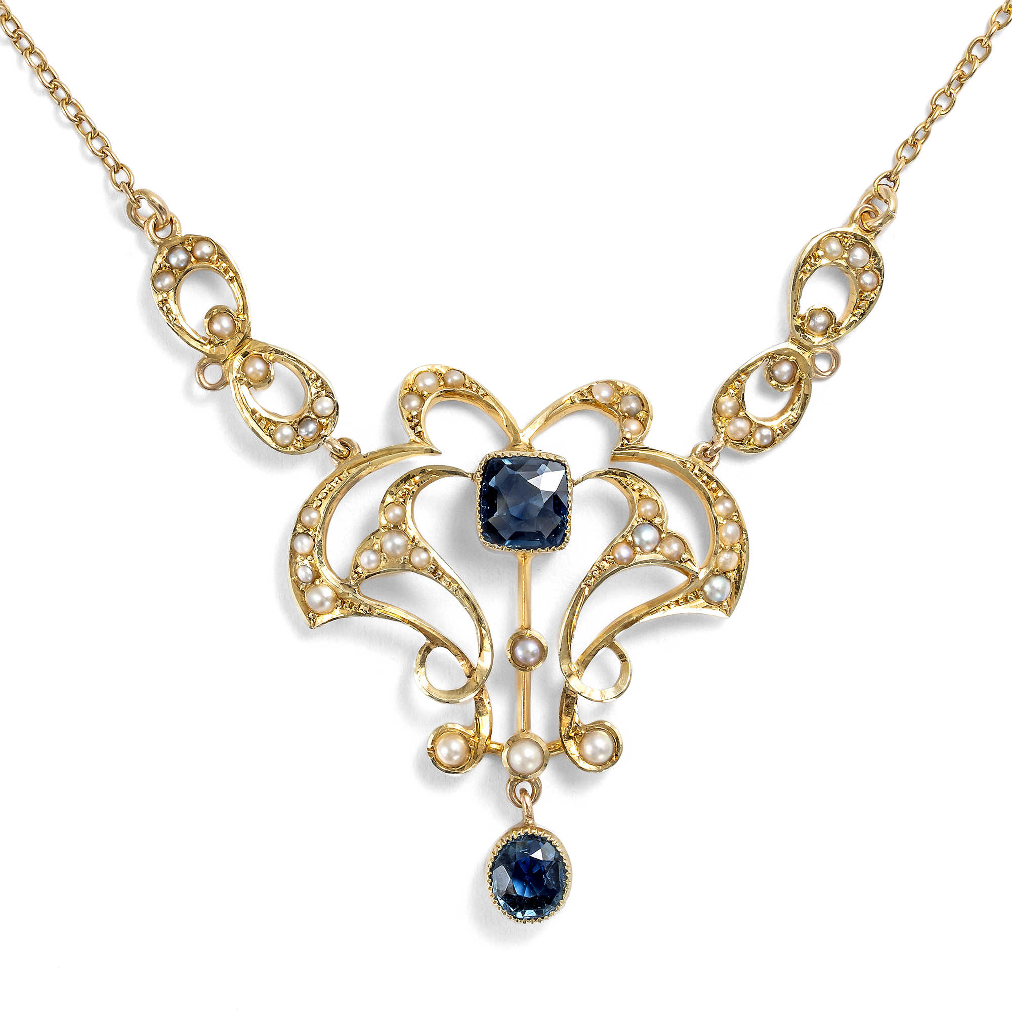 Zartes Collier mit Saphiren & Perlen in Gold, Großbritannien um 1905 Zartes Collier mit Saphiren & Perlen in Gold, Großbritannien um 1905