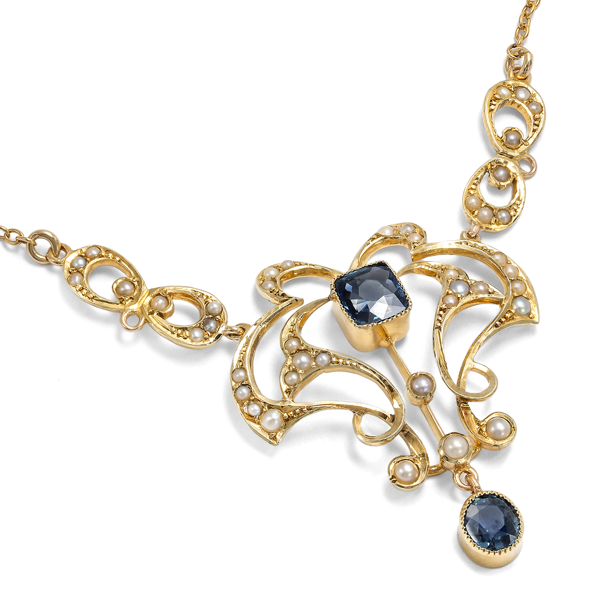 Zartes Collier mit Saphiren & Perlen in Gold, Großbritannien um 1905 Zartes Collier mit Saphiren & Perlen in Gold, Großbritannien um 1905