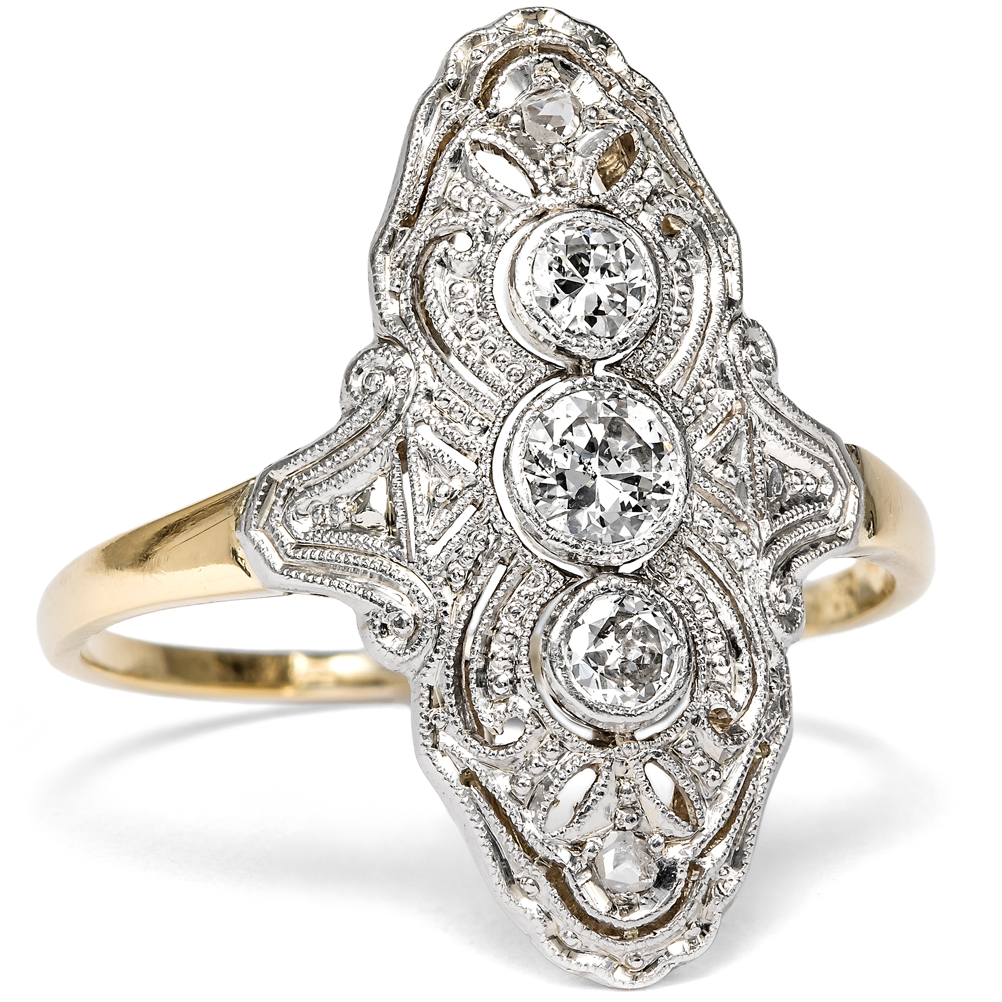 Eleganter „Trilogie“-Ring des Art Déco in Gold & Platin, Deutschland um 1930 Eleganter „Trilogie“-Ring des Art Déco in Gold & Platin, Deutschland um 1930