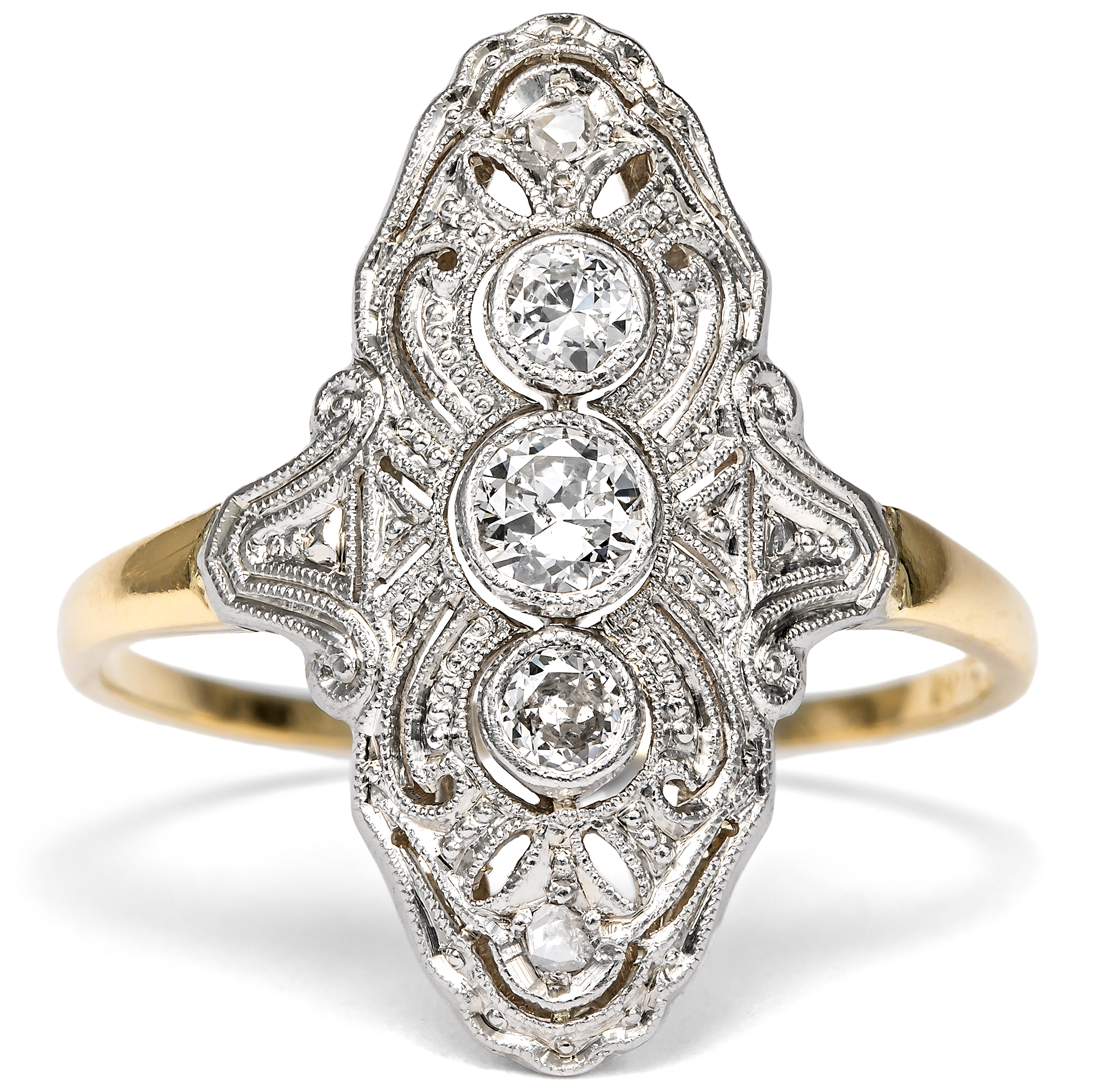 Eleganter „Trilogie“-Ring des Art Déco in Gold & Platin, Deutschland um 1930 Eleganter „Trilogie“-Ring des Art Déco in Gold & Platin, Deutschland um 1930