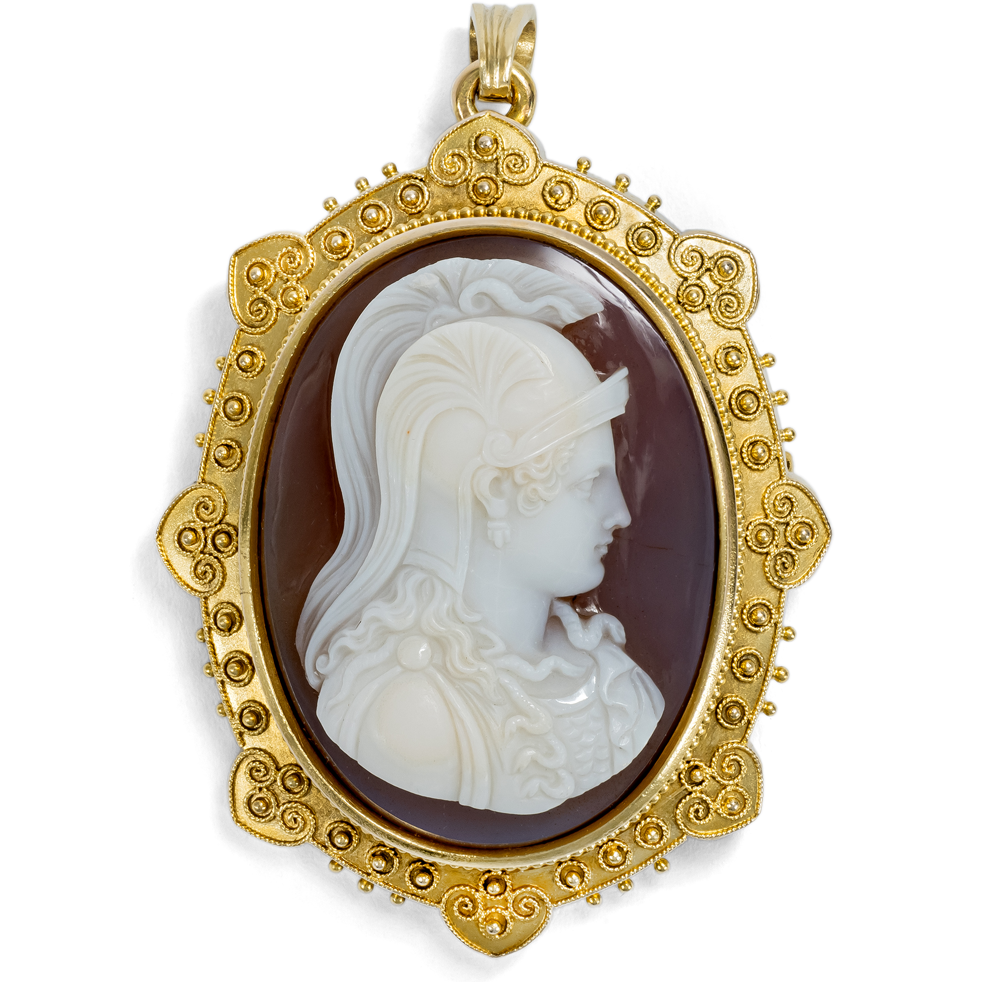 Antike Anhänger-Brosche mit Achatkamee der Minerva in Gold, um 1875 Antike Anhänger-Brosche mit Achatkamee der Minerva in Gold, um 1875