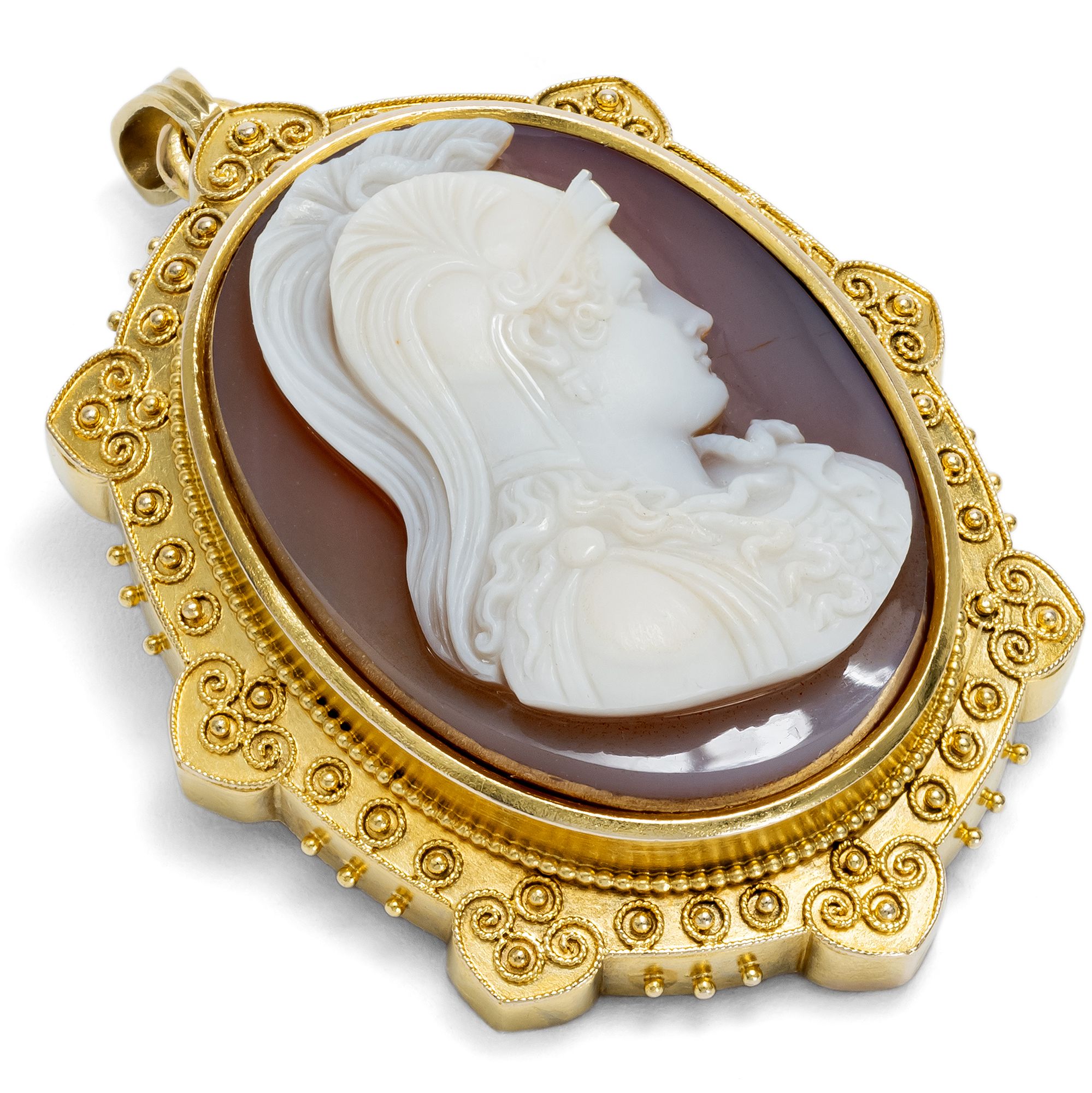 Antike Anhänger-Brosche mit Achatkamee der Minerva in Gold, um 1875 Antike Anhänger-Brosche mit Achatkamee der Minerva in Gold, um 1875