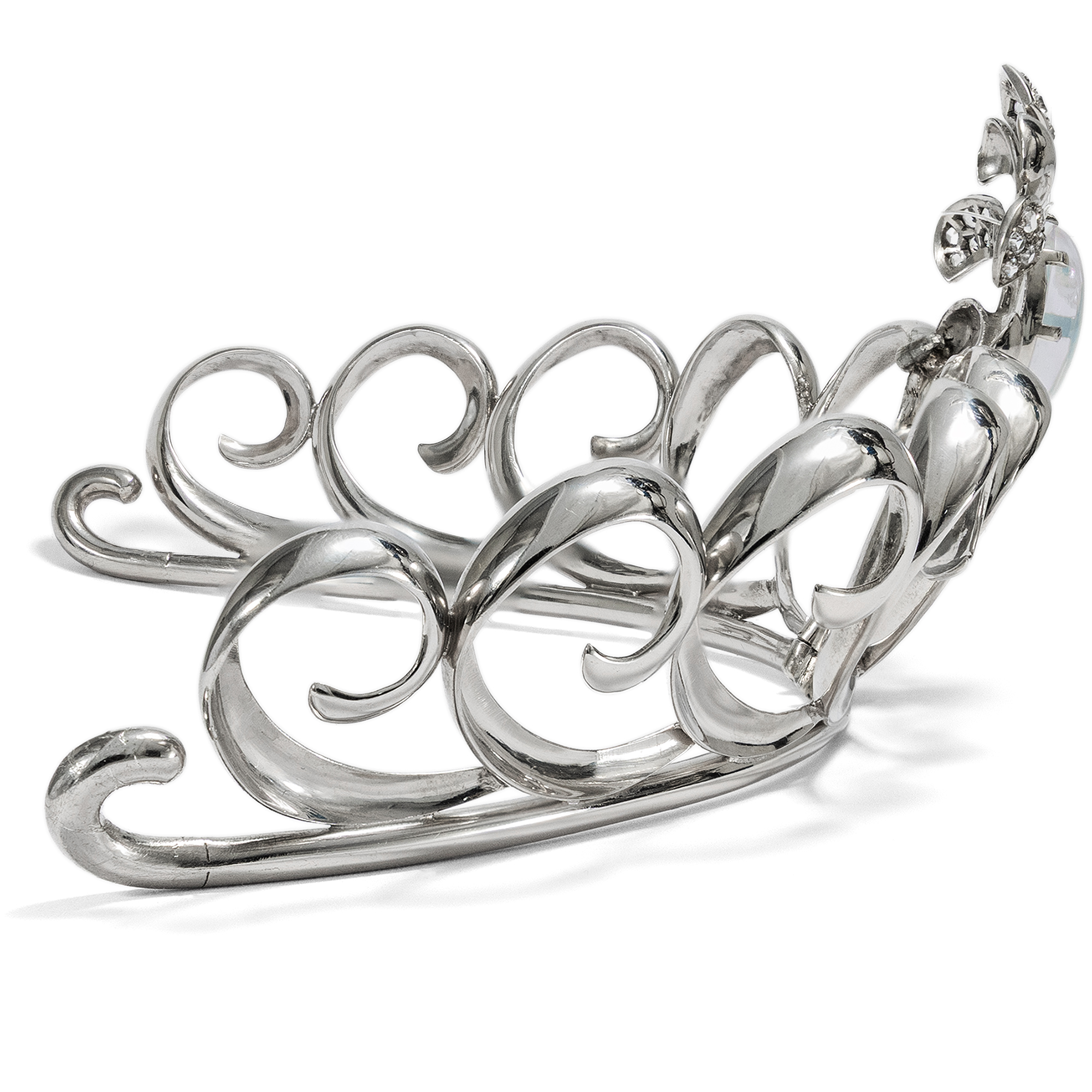 Elegantes Diadem mit Mondstein in Silber, Genf um 1940 Elegantes Diadem mit Mondstein in Silber, Genf um 1940