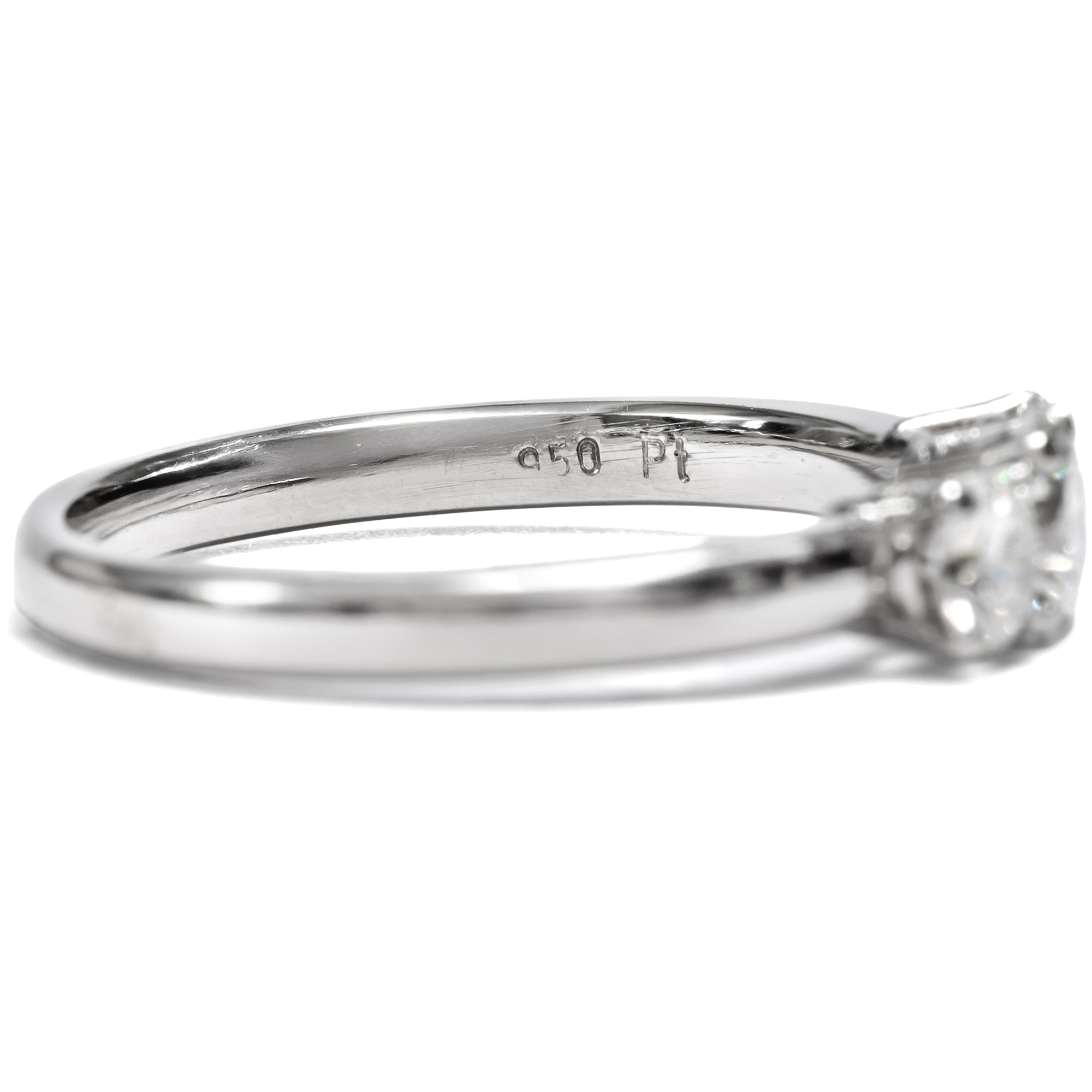 Unworn "Trilogy" Ring with Three Vintage Diamonds in Platinum from Our Workshop Unworn "Trilogy" Ring with Three Vintage Diamonds in Platinum from Our Workshop